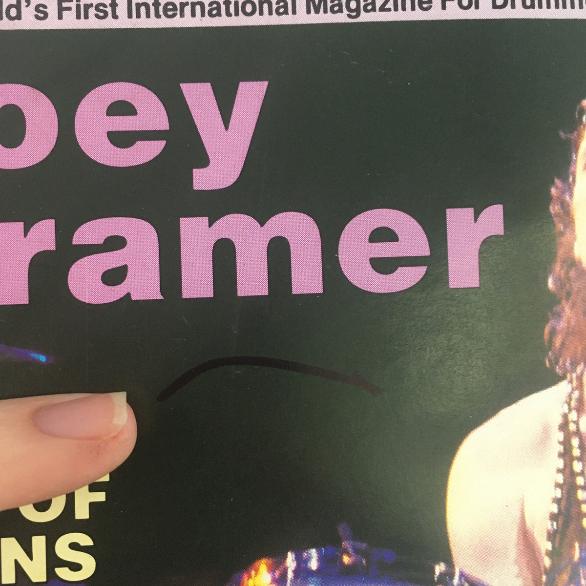 Close-up of the title 'Joey Kramer' on the cover of Modern Drummer Magazine August 1988, emphasizing the featured drummer.