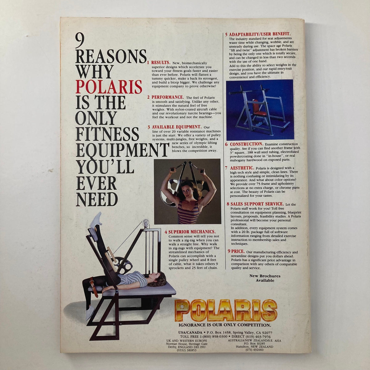 Promotional back cover for Joe Weider's Muscle & Fitness Magazine January 1986 featuring a Polaris fitness equipment advertisement, detailing its unique benefits and innovative design, showcasing images of users exercising on the equipment.