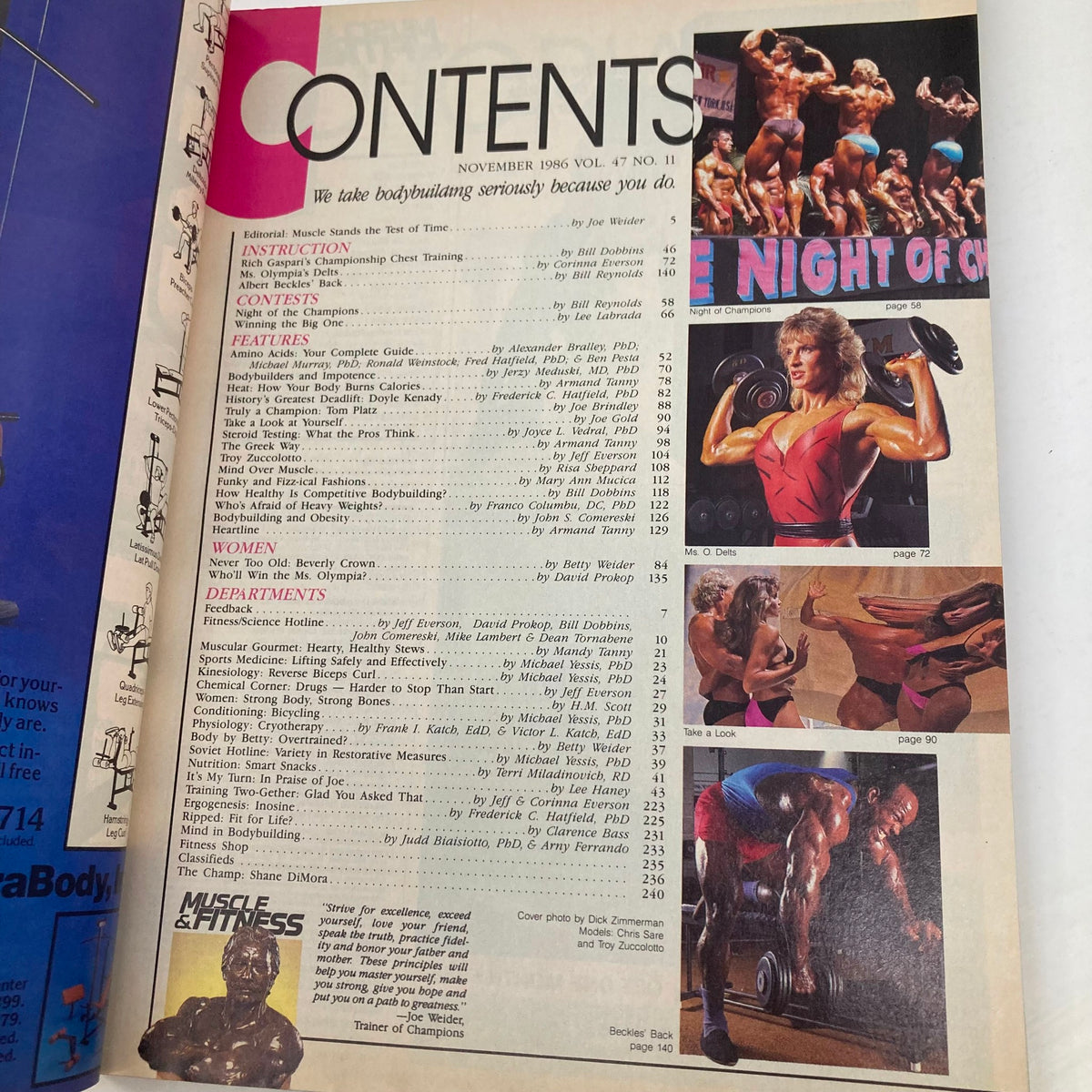 Contents page of Joe Weider's Muscle & Fitness Magazine November 1986, featuring an editorial overview, fitness articles, and highlighted features including workouts and nutrition guides.