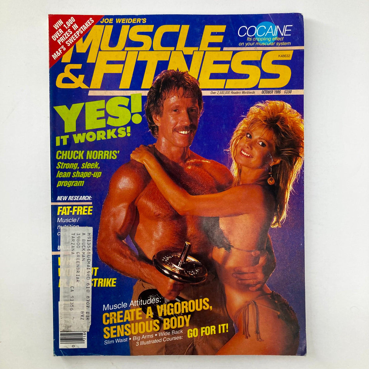 Cover of Joe Weider's Muscle & Fitness Magazine October 1986 featuring Chuck Norris and model, highlighting fitness culture with a bold design and fitness slogans.