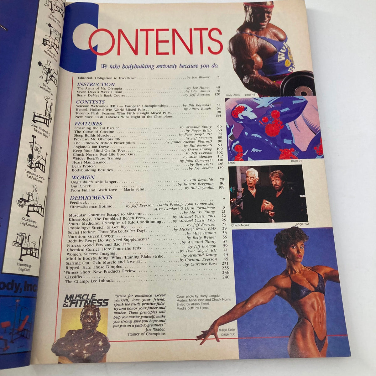 Contents page of Joe Weider's Muscle & Fitness Magazine October 1986 displaying features and articles related to bodybuilding and fitness.