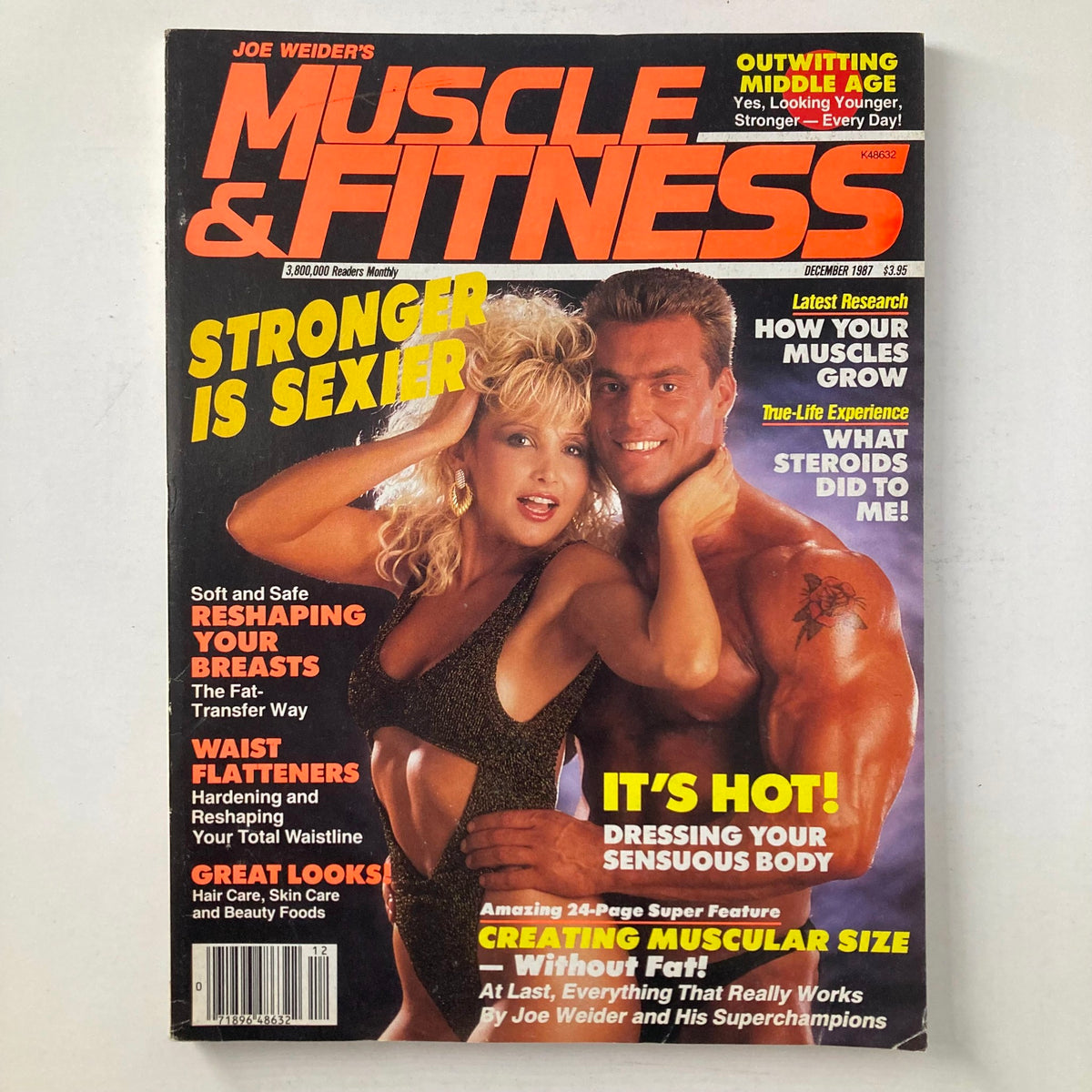 Cover of Joe Weider's Muscle & Fitness Magazine December 1987 featuring fitness models Chris Sare and Berry DeMey with the headline 'Stronger is Sexier'.