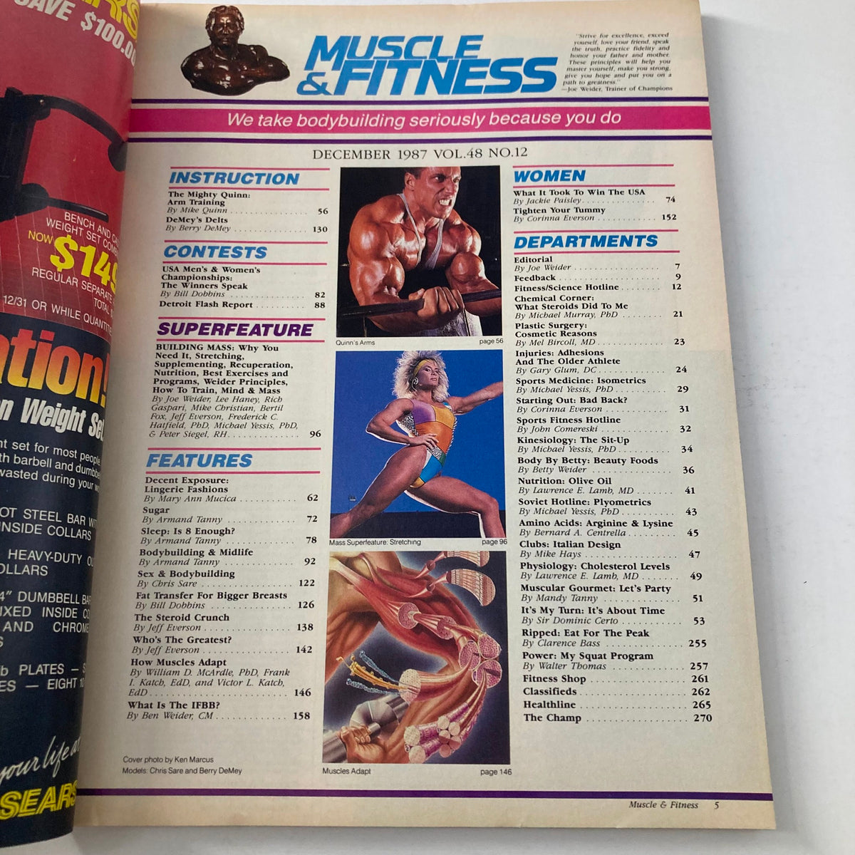 Inside page of Joe Weider's Muscle & Fitness Magazine December 1987 displaying the table of contents and various articles related to bodybuilding and fitness.