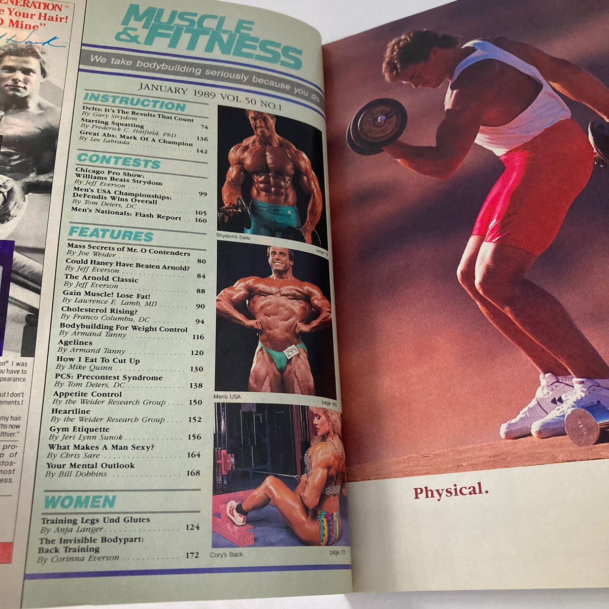 Inside page of Joe Weider's Muscle & Fitness Magazine, January 1989, displaying articles and features on bodybuilding contests and fitness instruction.