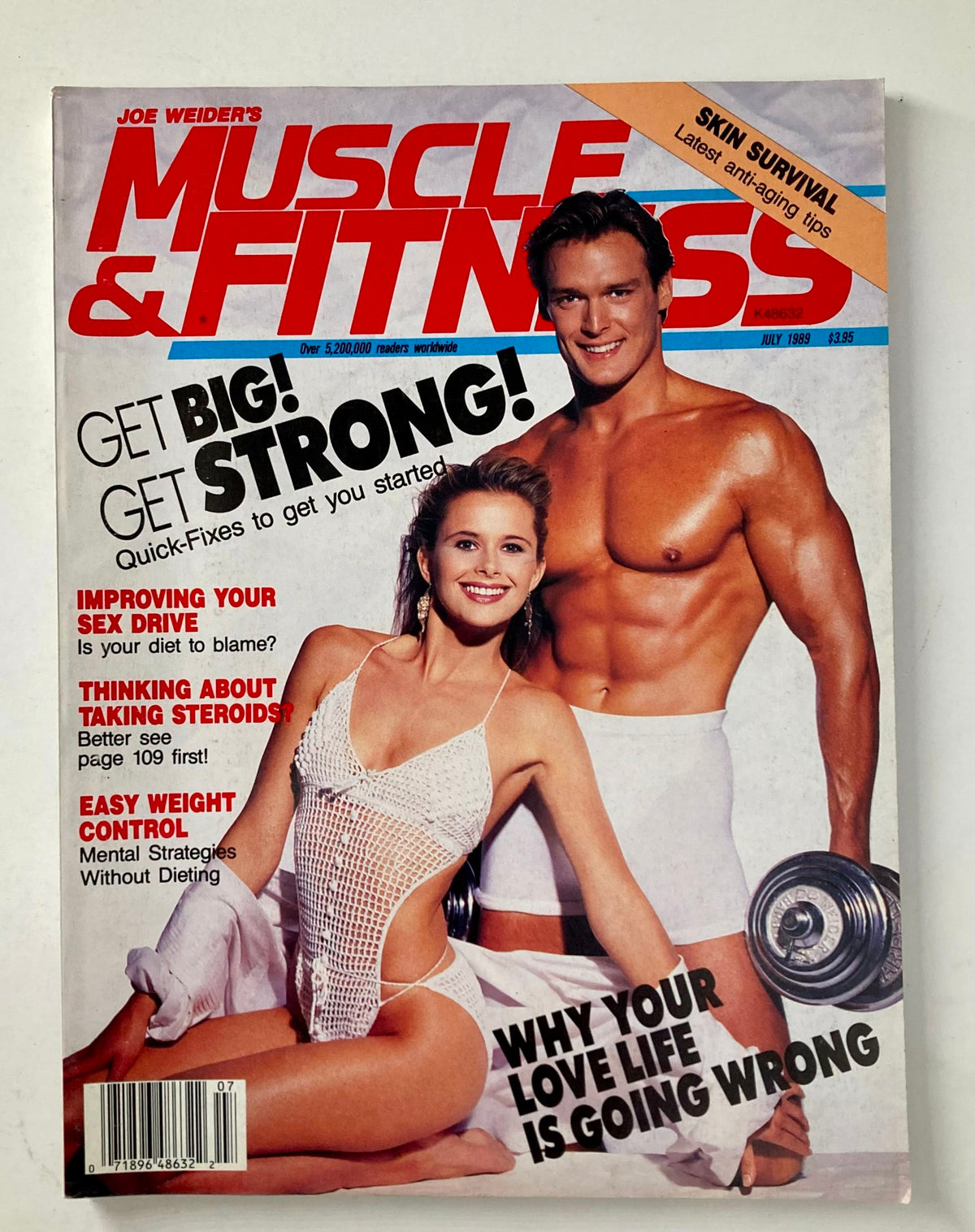 Joe Weider's Muscle & Fitness Magazine from July 1989 featuring a muscular male and female model on the cover, with fitness tips and advertisements relevant to bodybuilding and wellness.