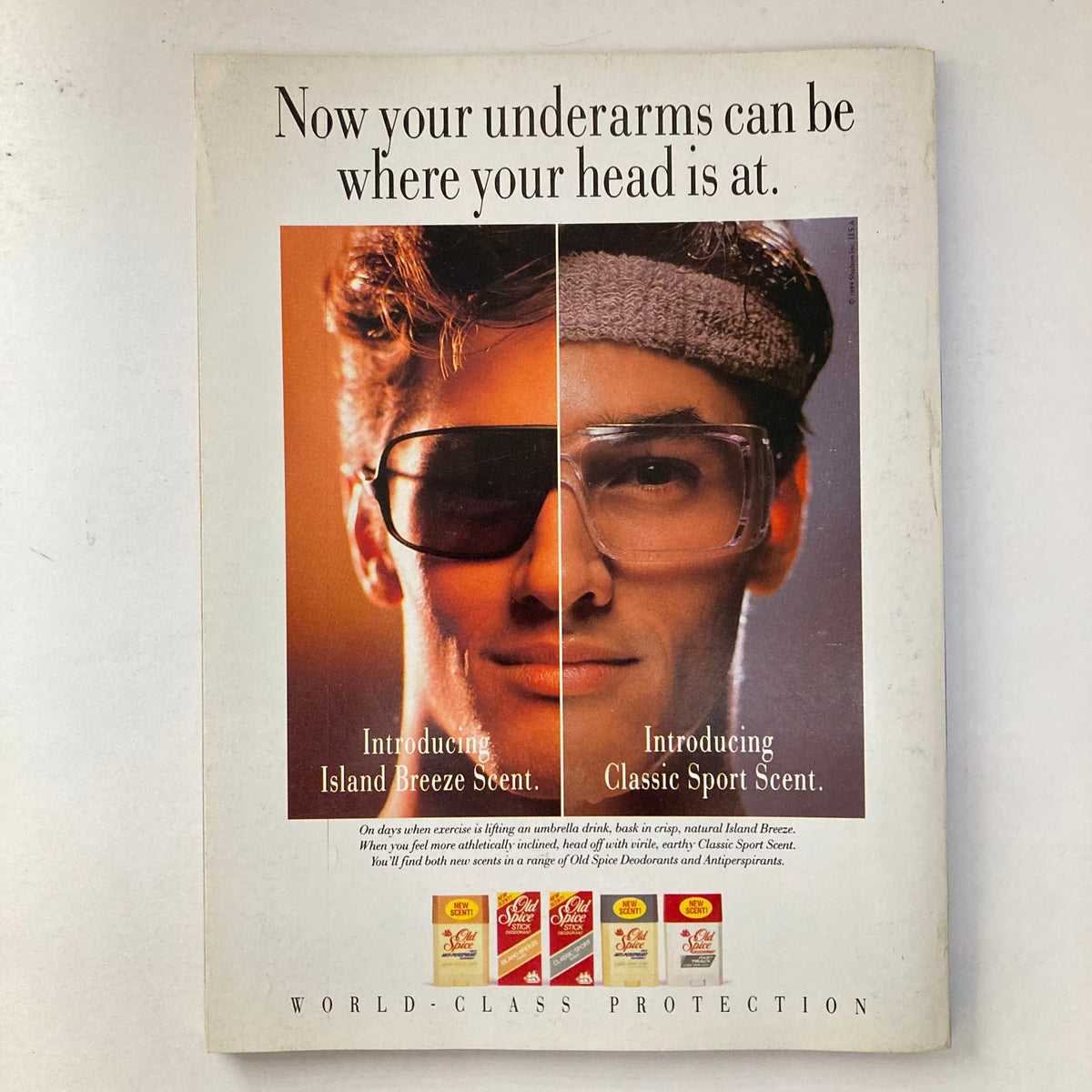 Vintage advertisement for Old Spice deodorants featuring a split image of two models promoting Island Breeze Scent and Classic Sport Scent. This ad highlights the innovative scents suitable for athletic individuals, linked to the June 1989 issue of Joe Weider's Muscle & Fitness, featuring WBF Champion Gary Strydom.