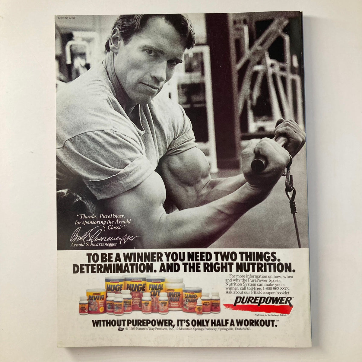 Joe Weider's Muscle & Fitness Magazine December 1989 back cover featuring an advertisement for PurePower supplements with Arnold Schwarzenegger promoting fitness and nutrition.