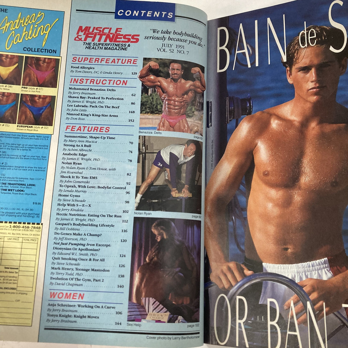 Contents page of Joe Weider's Muscle & Fitness Magazine July 1991 highlighting various articles on fitness and bodybuilding, including a section on instructions and features.