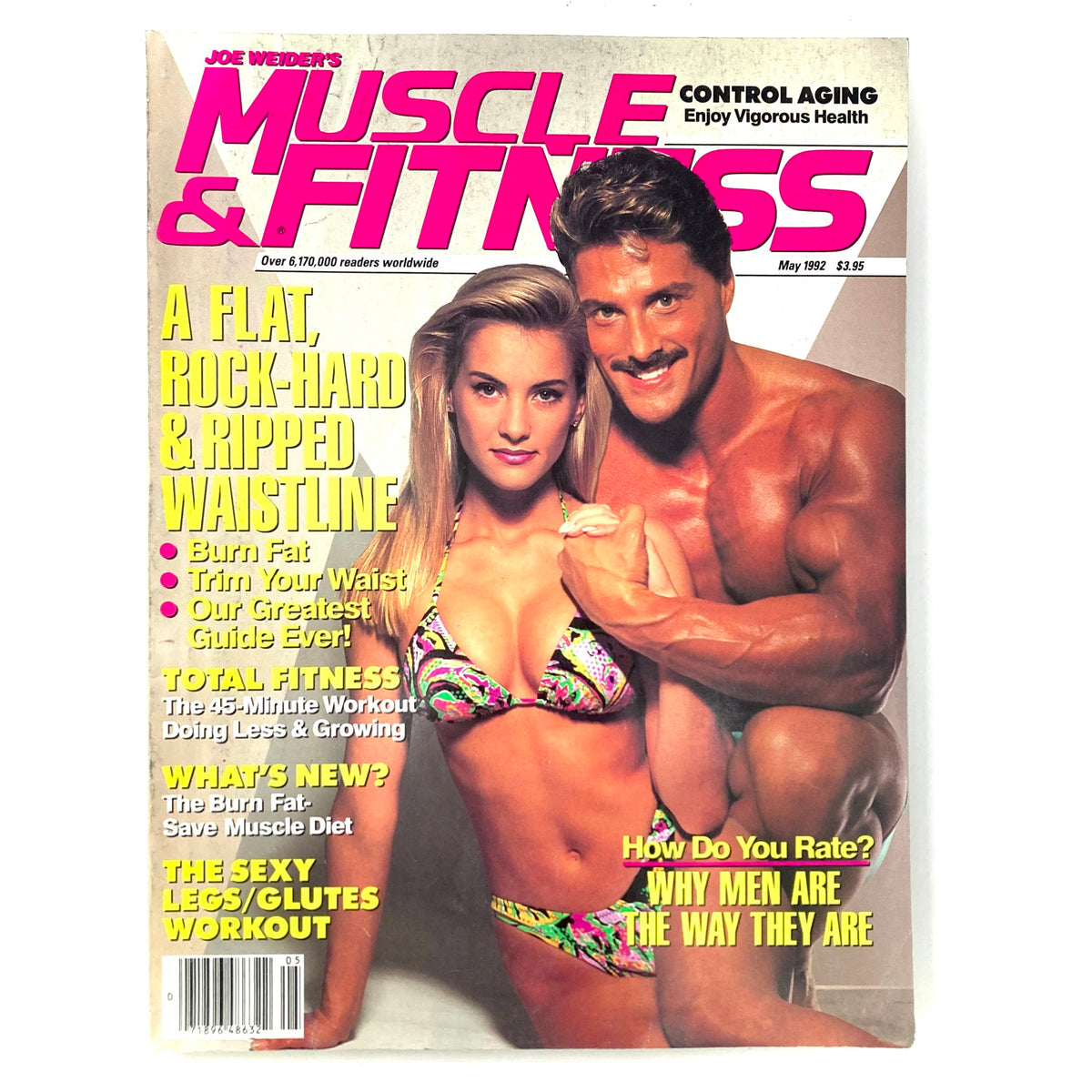 Cover of Joe Weider's Muscle & Fitness Magazine May 1992 featuring bodybuilders Shawn Ray and Anja Schreiner, highlighting fitness topics like a flat waistline and total fitness workouts.