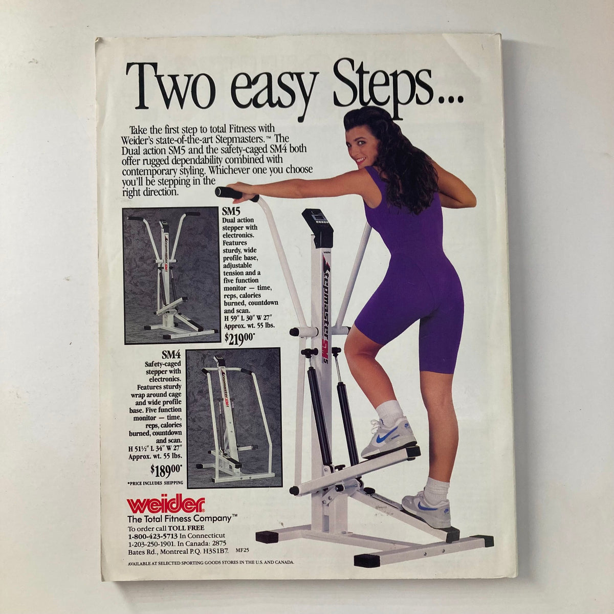Ad for Weider's stepmasters featuring a woman demonstrating exercise equipment in stylish athletic wear, from Joe Weider's Muscle & Fitness Magazine, May 1992.