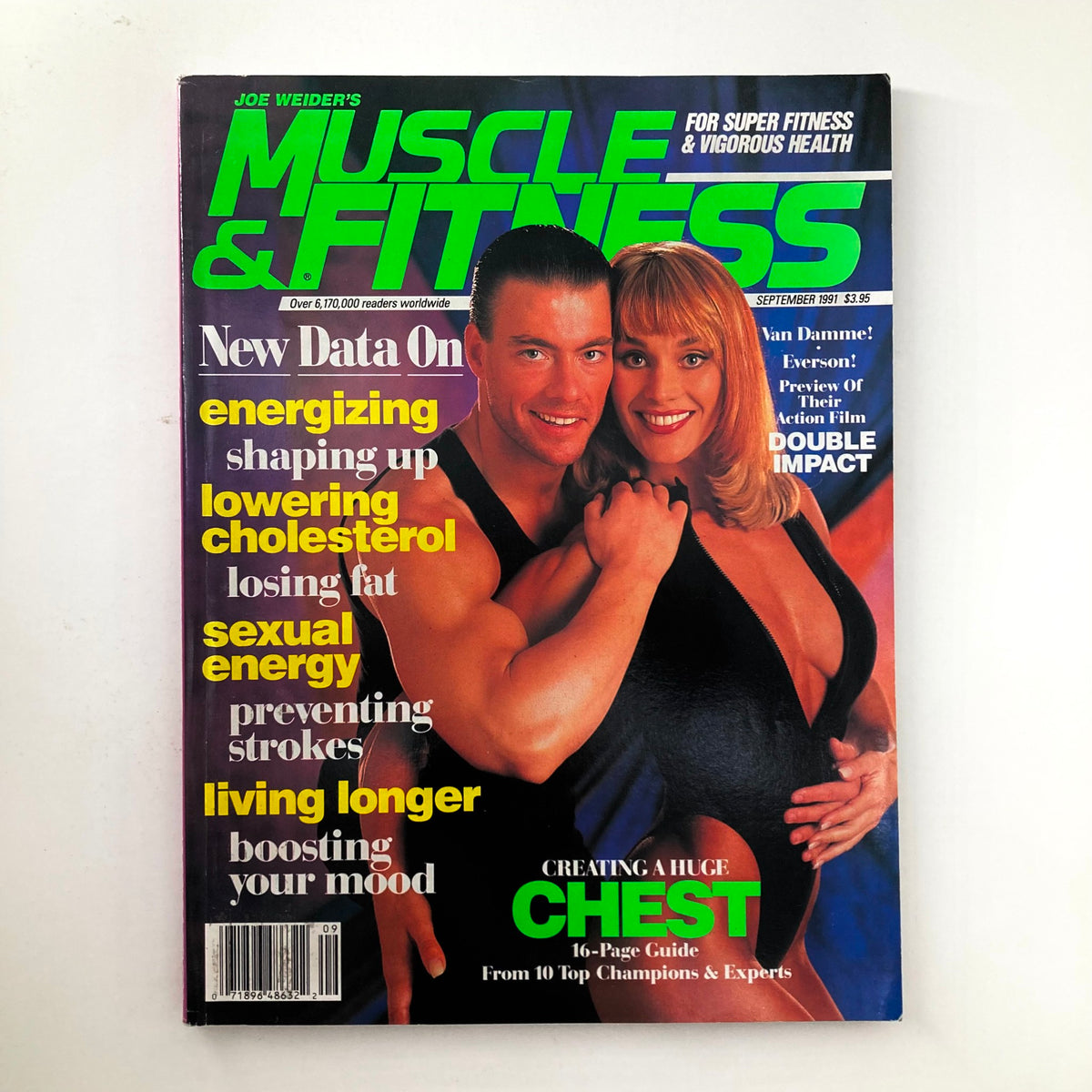 Cover of Joe Weider's Muscle & Fitness Magazine, September 1991, featuring fitness enthusiasts and the headline "Creating a Huge Chest," showcasing exercise tips and health insights.