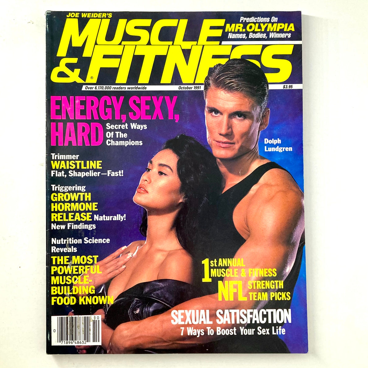 Cover of Joe Weider's Muscle & Fitness Magazine October 1991 featuring actor Dolph Lundgren, showcasing articles on fitness, energy, and bodybuilding.