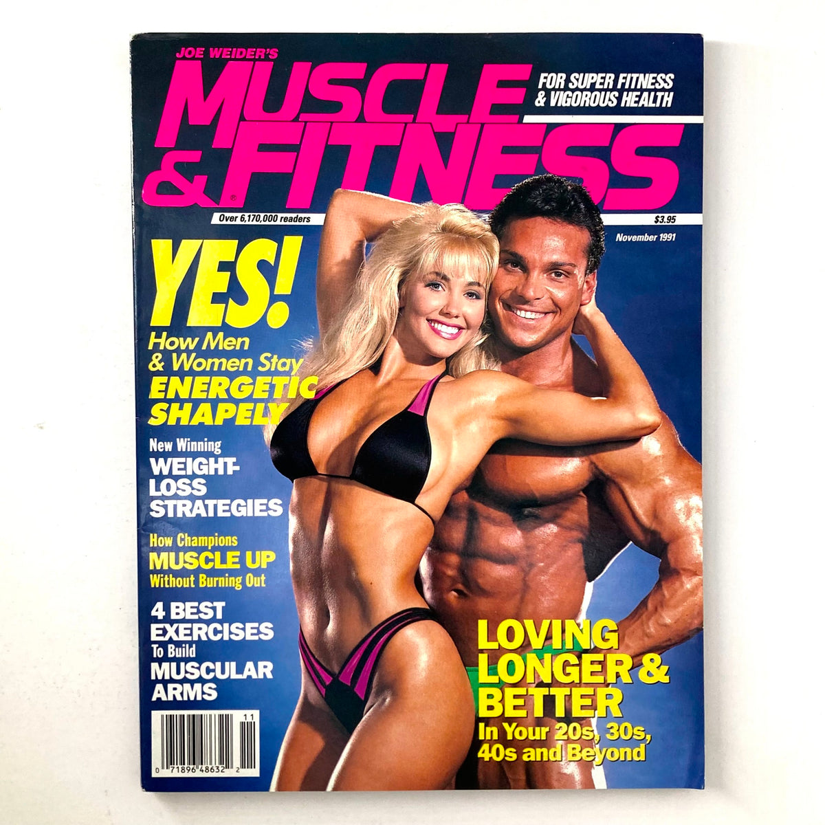 Joe Weider's Muscle & Fitness Magazine from November 1991 featuring cover models in fitness attire, showcasing Rich Gaspari, a champion bodybuilder, and highlighting articles on weight loss strategies and exercises for muscular arms.