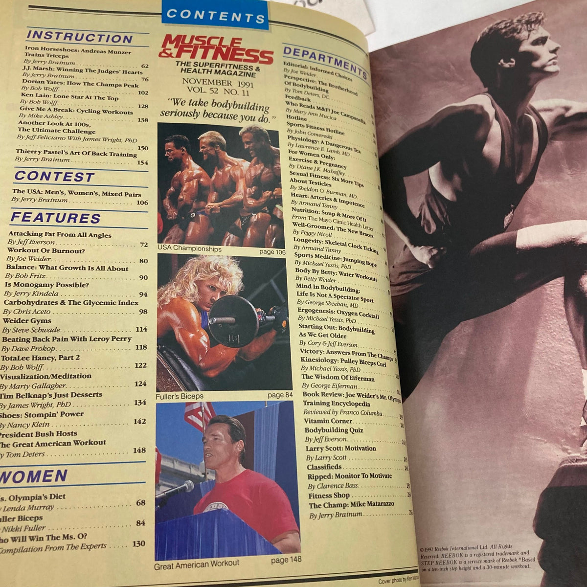 Contents page from Joe Weider's Muscle & Fitness Magazine November 1991, featuring articles on fitness instruction, contests, and profiles, including the champion Rich Gaspari.