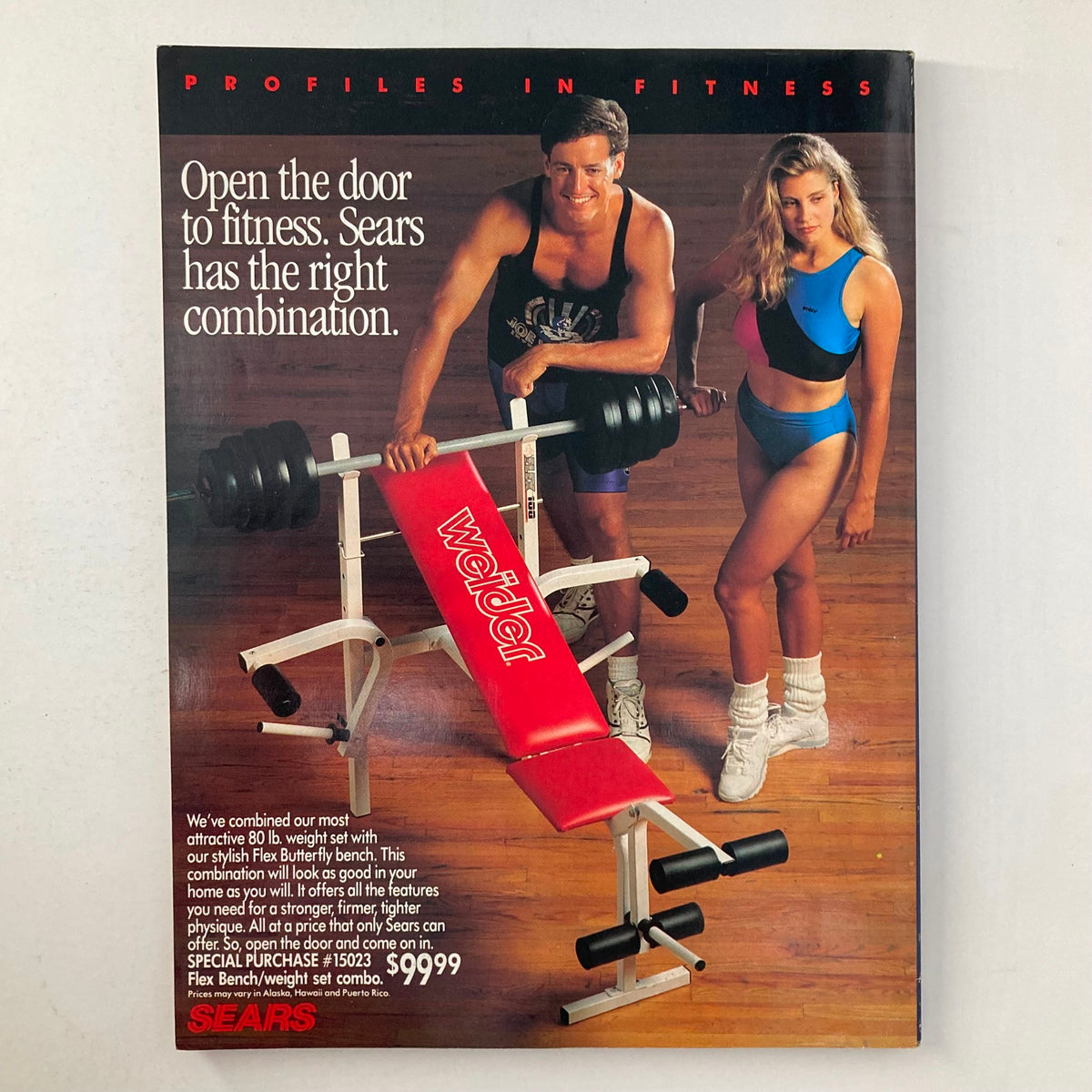 Advertisement for Weider fitness equipment featuring a man and woman promoting a weight bench set, from Joe Weider's Muscle & Fitness Magazine November 1991.