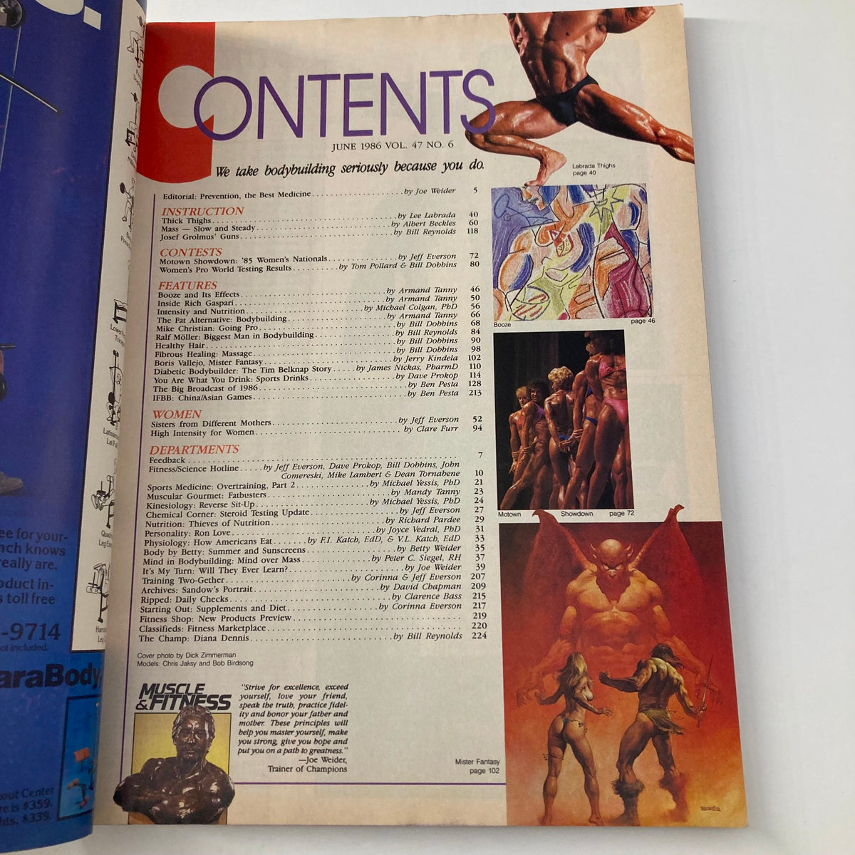 Contents page from Joe Weider's Muscle & Fitness Magazine June 1986 outlining featured articles and topics related to bodybuilding and fitness.