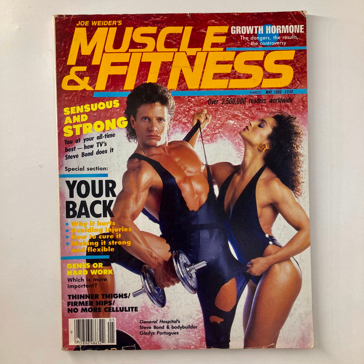 Cover of Joe Weider's Muscle & Fitness Magazine May 1986, featuring fitness icons Steve Bond and Gladys Portugues, emphasizing themes of strength and fitness.