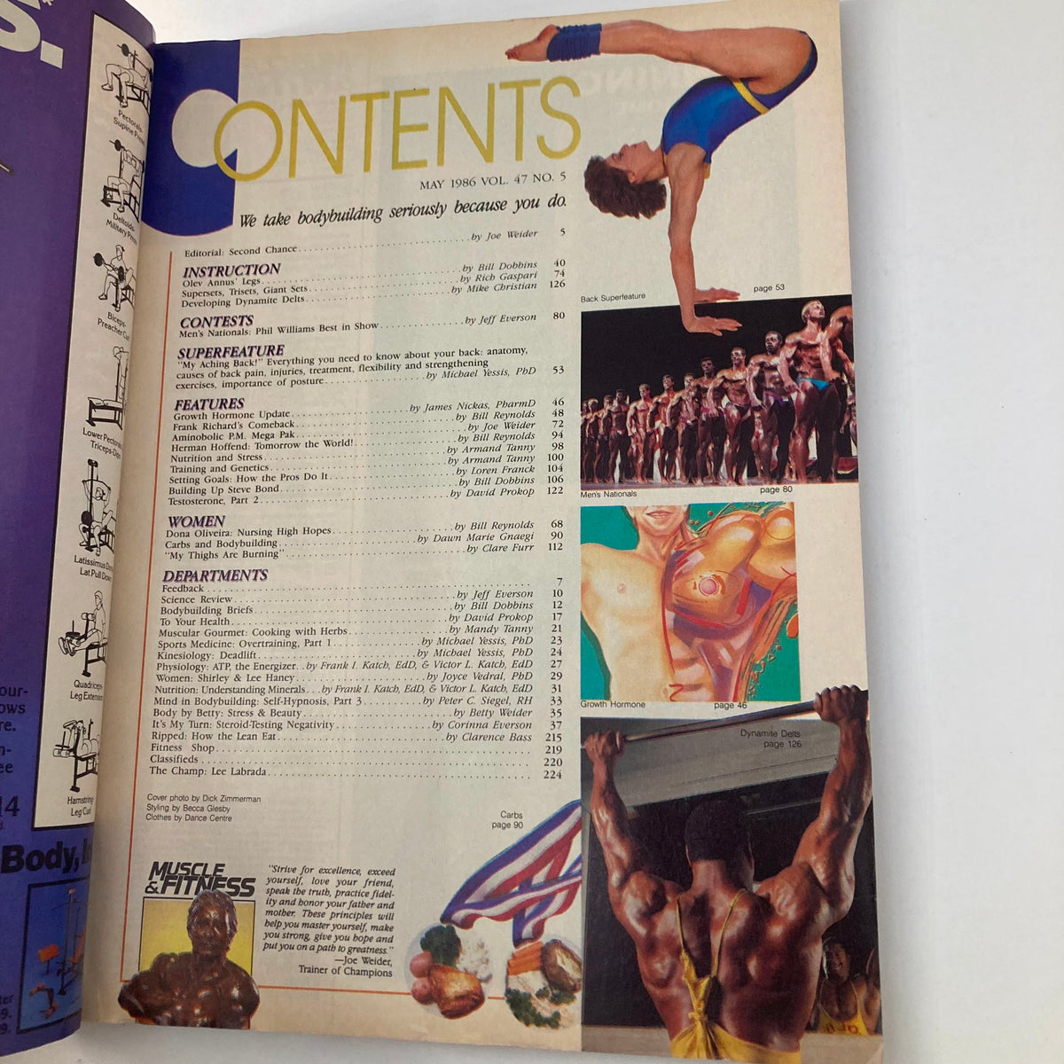 Table of contents page from Joe Weider's Muscle & Fitness Magazine May 1986, highlighting various fitness features and articles.