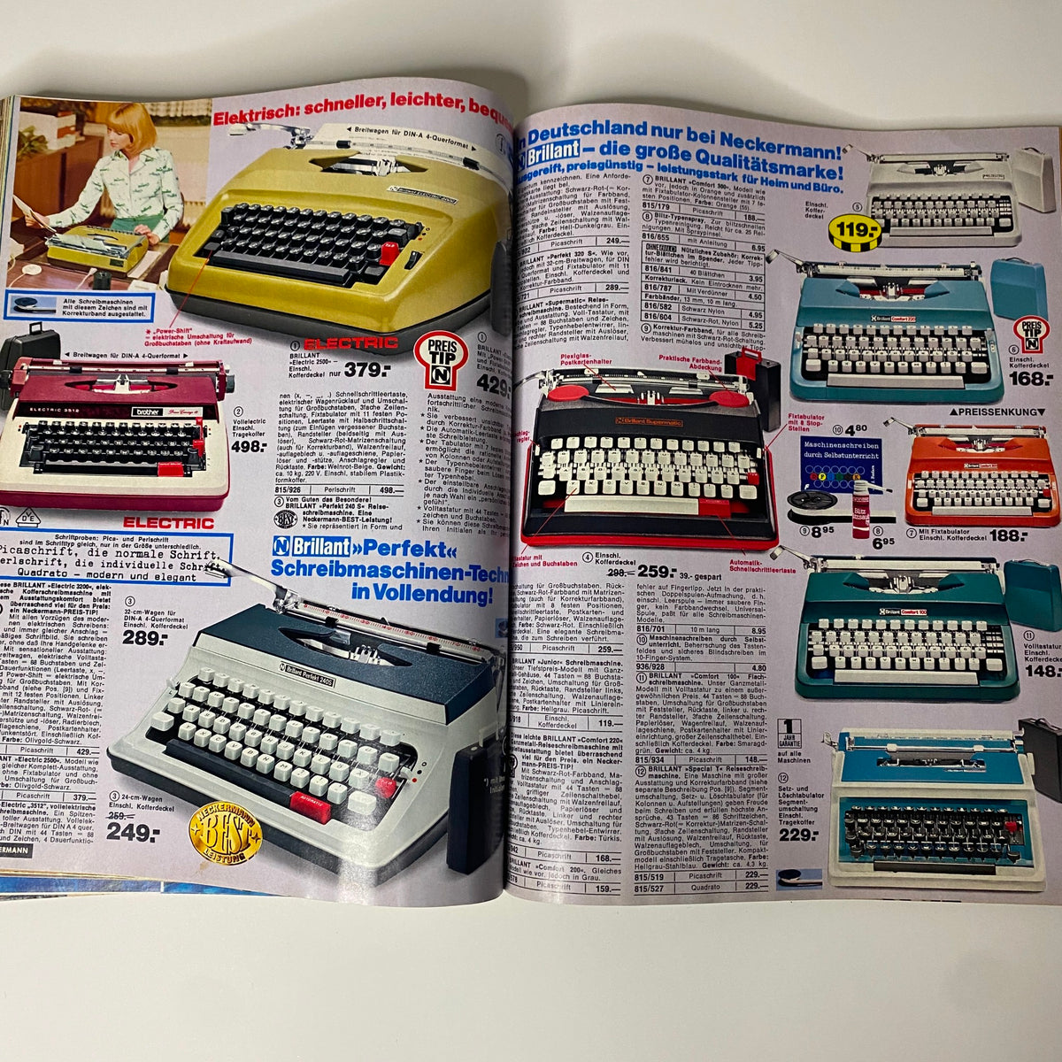 Interior pages of the 1930 Montgomery Ward Spring and Summer Catalog No. 112 displaying various electric typewriter models available for purchase.