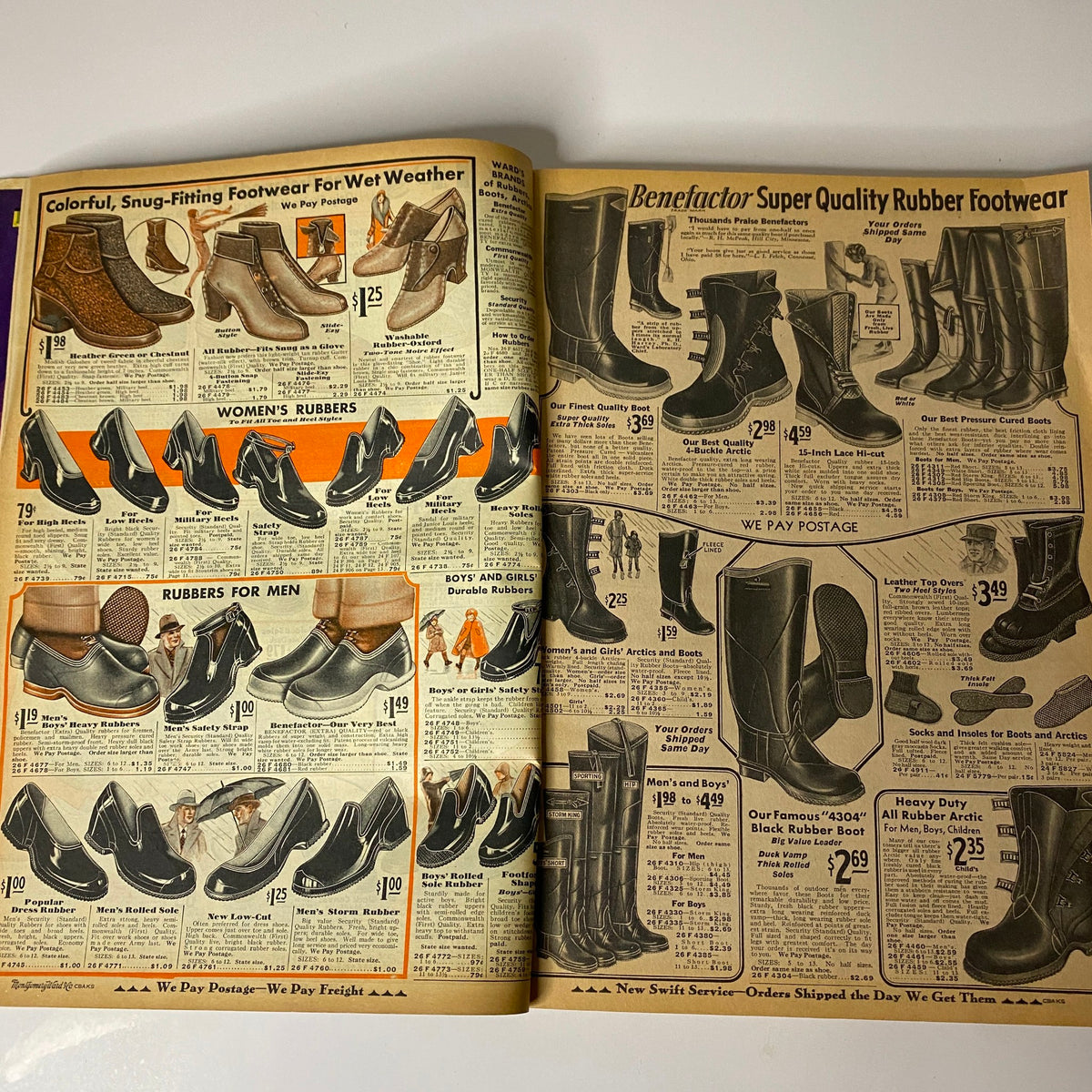 1930 Montgomery Ward Spring and Summer Catalog No. 112 showcasing colorful women's and men's rubber footwear options with prices and descriptions.