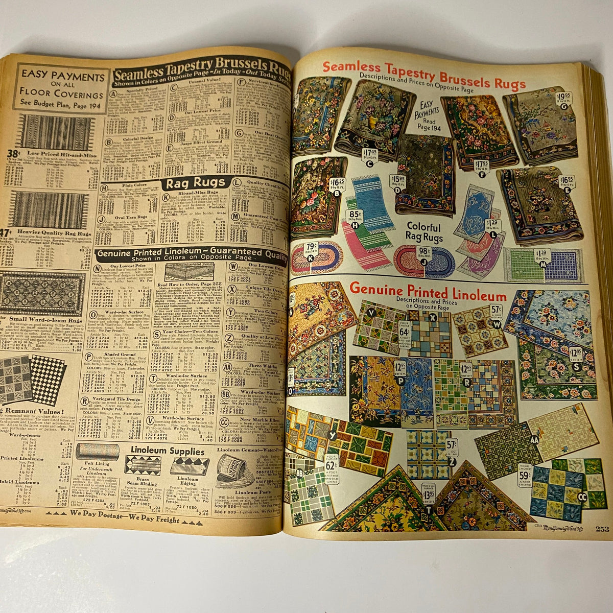 1930 Montgomery Ward Spring and Summer Catalog No. 112 featuring a range of seamless rugs and linoleum floor coverings with colorful designs and pricing details.
