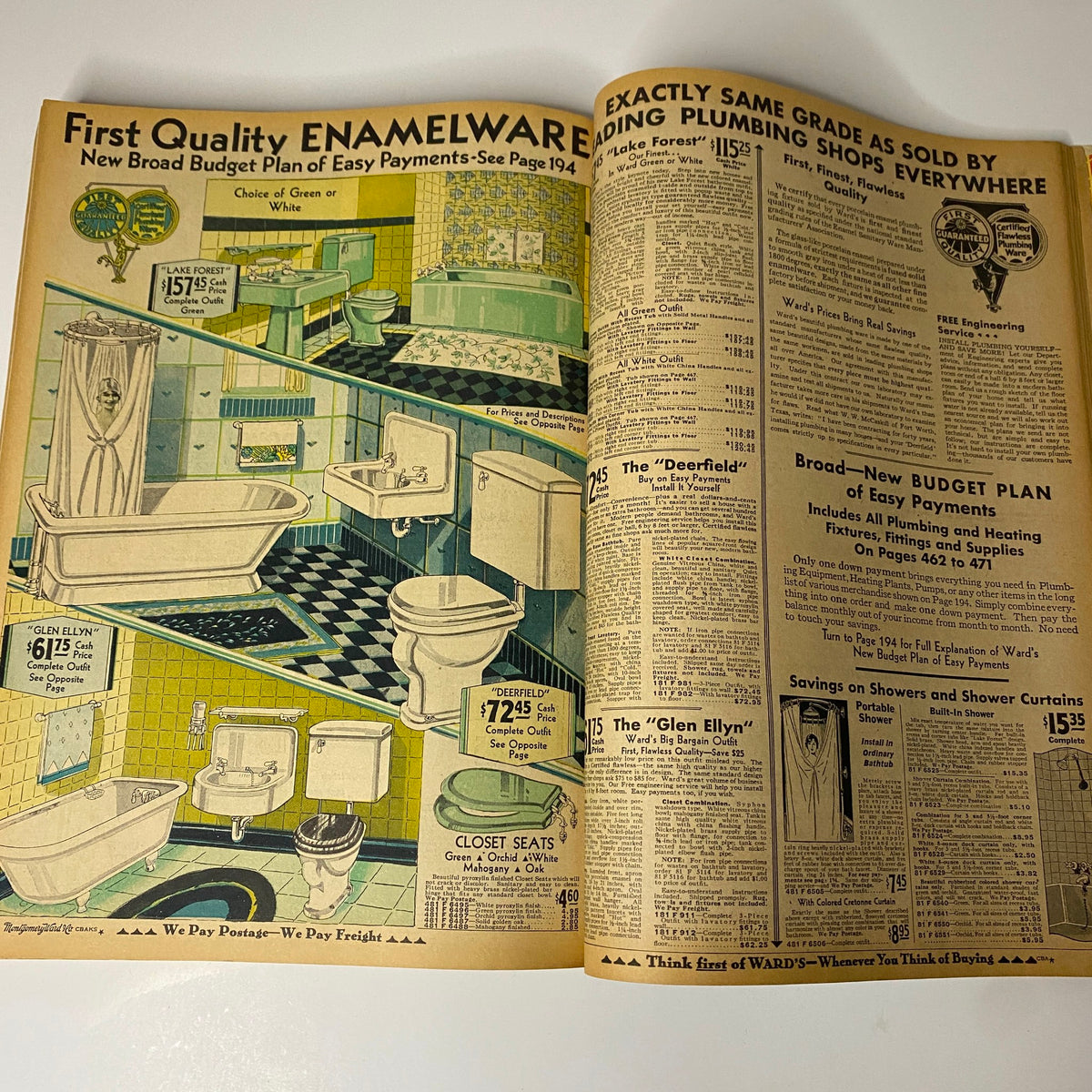 Page showcasing enamelware products from the 1930 Montgomery Ward Spring and Summer Catalog No. 112, featuring bathroom fixtures and plumbing items with prices listed.
