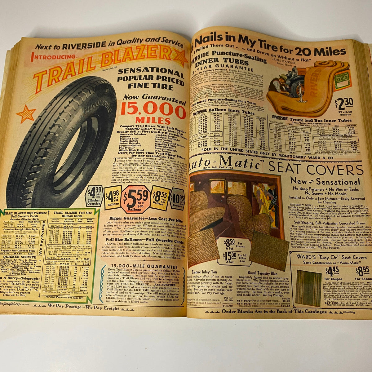 Page featuring auto accessories like fine tires and seat covers from the 1930 Montgomery Ward Spring and Summer Catalog No. 112, displaying prices and product descriptions.