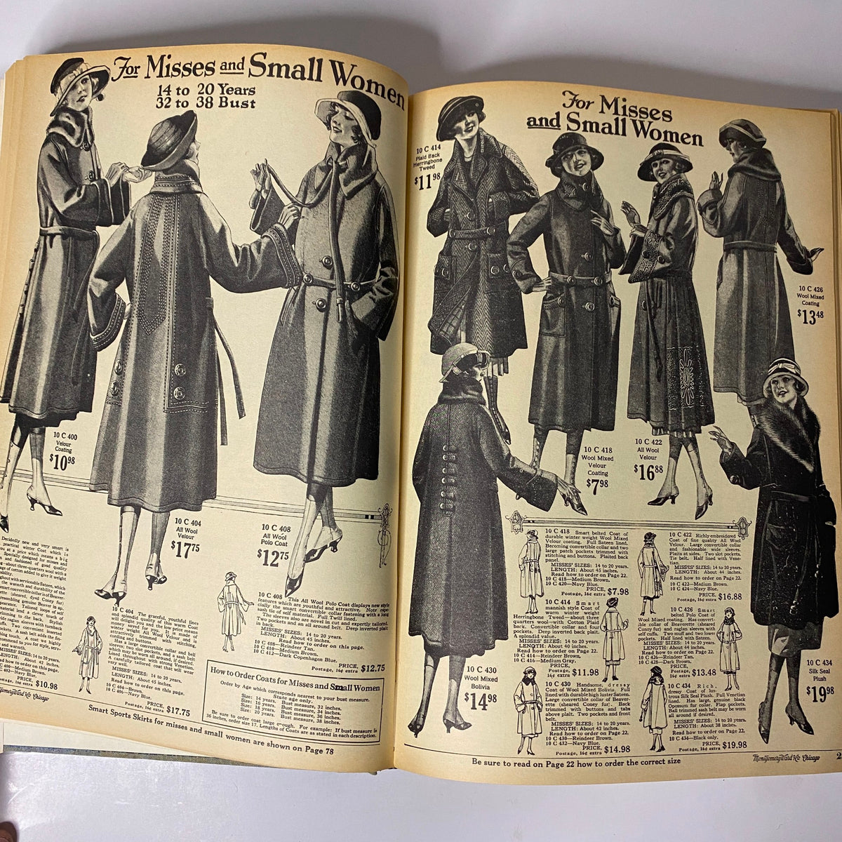 1922-1923 Montgomery Ward Fall and Winter Catalog No. 97 page showcasing clothing styles for misses and small women, including coats and accessories.