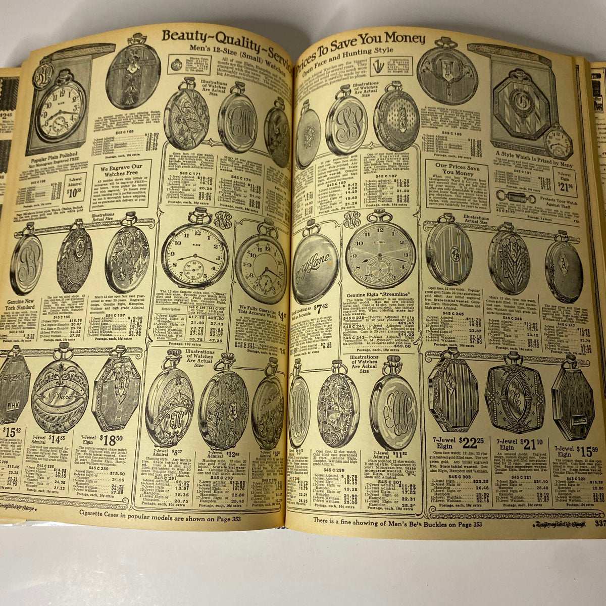 1922-1923 Montgomery Ward Fall and Winter Catalog No. 97 displaying Beauty-Quality pocket watches with detailed pricing for various styles.