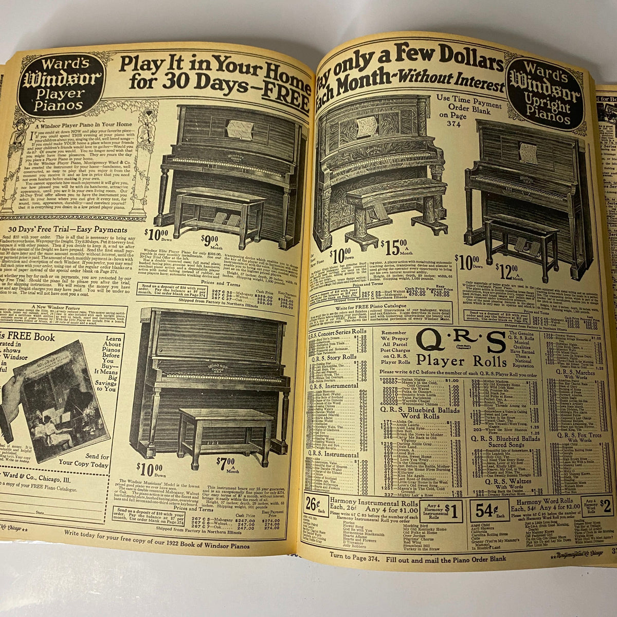 1922-1923 Montgomery Ward Fall and Winter Catalog No. 97 presenting pianos for home use, including pricing for Ward's Windsor Player Pianos.