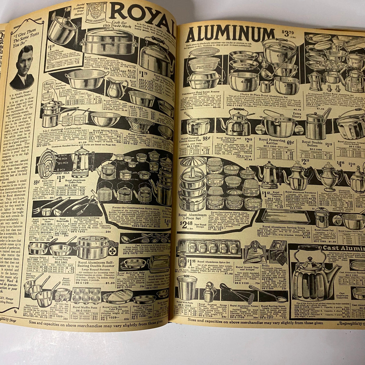 1922-1923 Montgomery Ward Fall and Winter Catalog No. 97 page featuring an assortment of cooking utensils and aluminum cookware, highlighting vintage home goods.