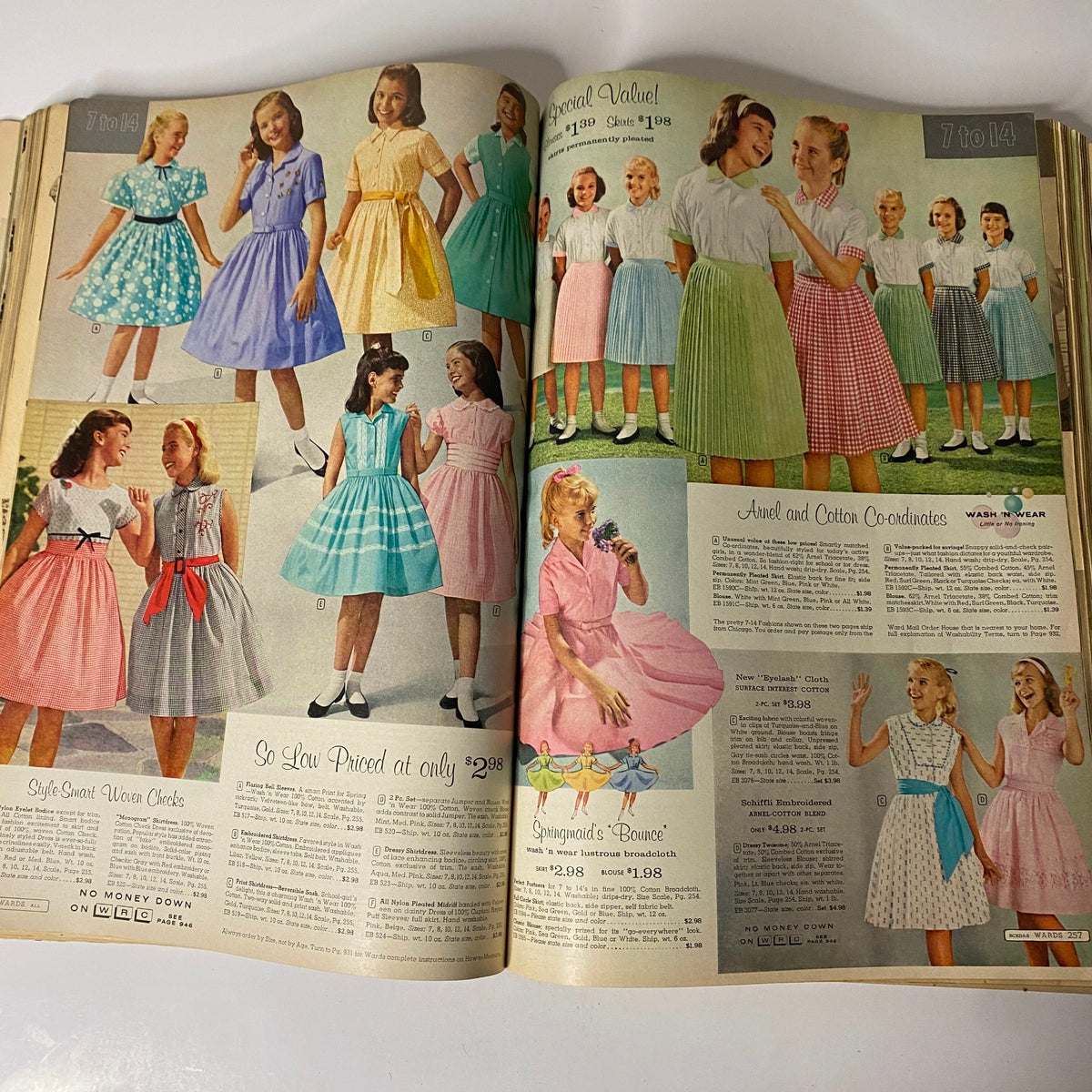 1960 Montgomery Ward 'Wards' Spring and Summer Catalog presenting an assortment of girls' dresses, showcasing colorful options like checks and polka dots, ideal for young fashionistas of the era.