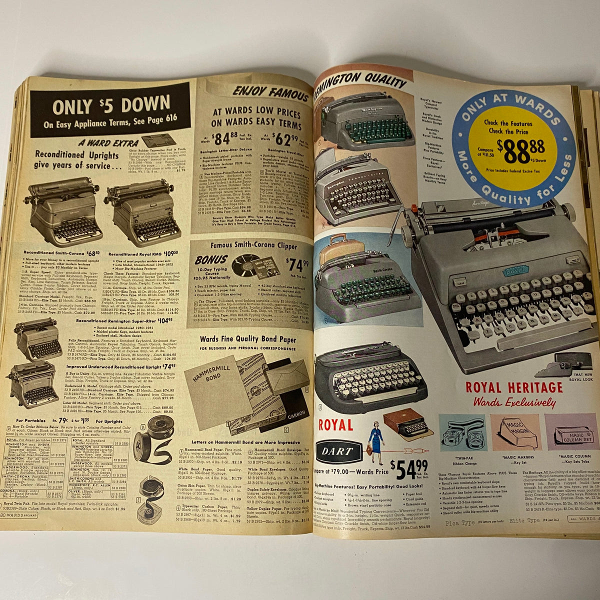 1960 Montgomery Ward "Wards" Spring and Summer Catalog displaying typewriters and office supplies, including prices for reconditioned models and accessories.