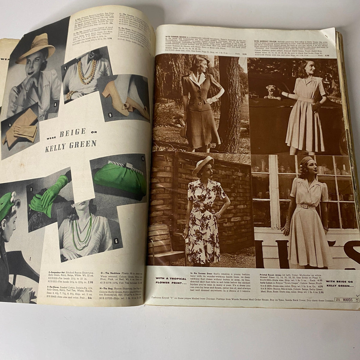 Interior page from the 1942 Montgomery Ward Spring and Summer Catalog displaying options in beige and Kelly green fashion wear with models.