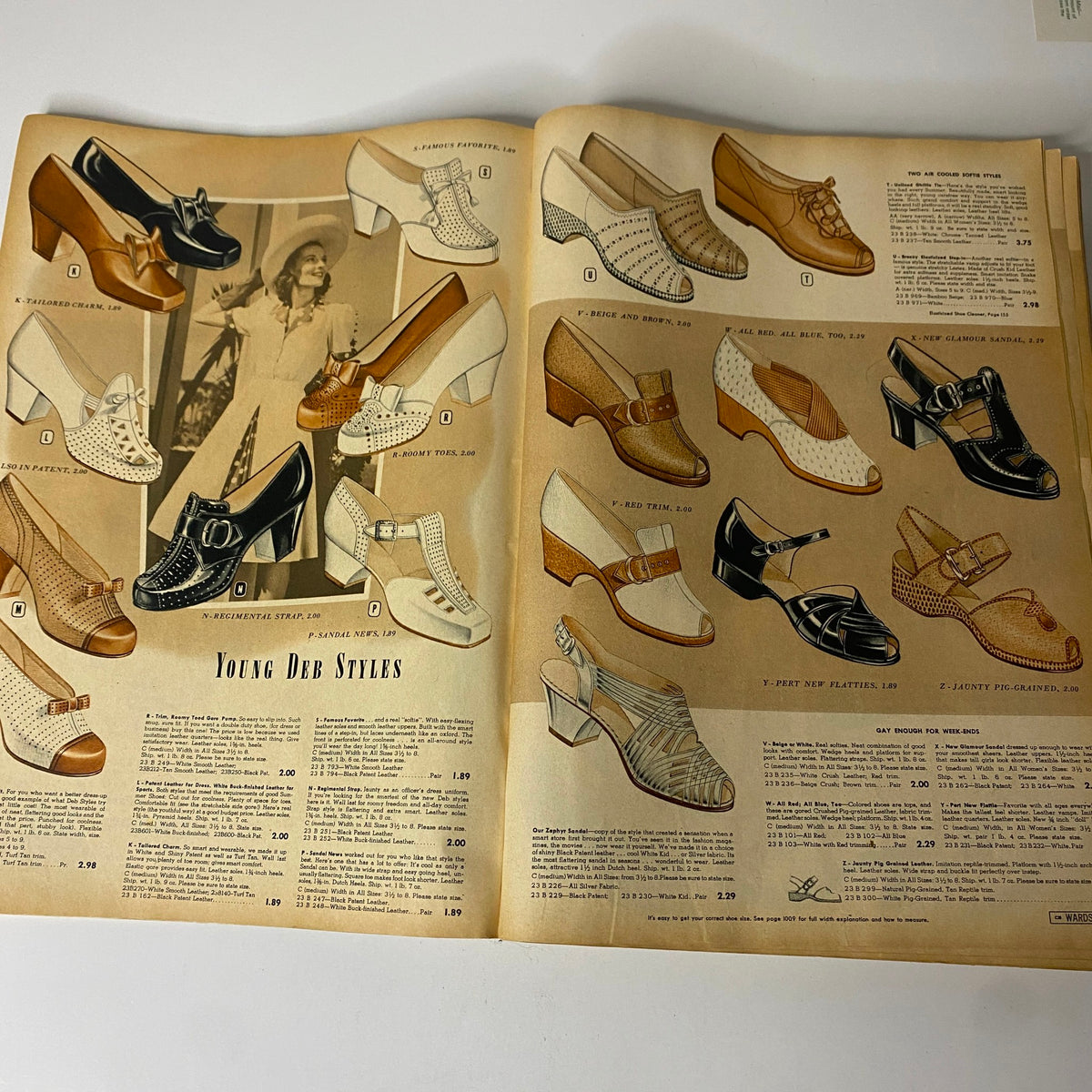 Showcase of women's shoes from the 1942 Montgomery Ward Spring and Summer Catalog, featuring various styles and designs.