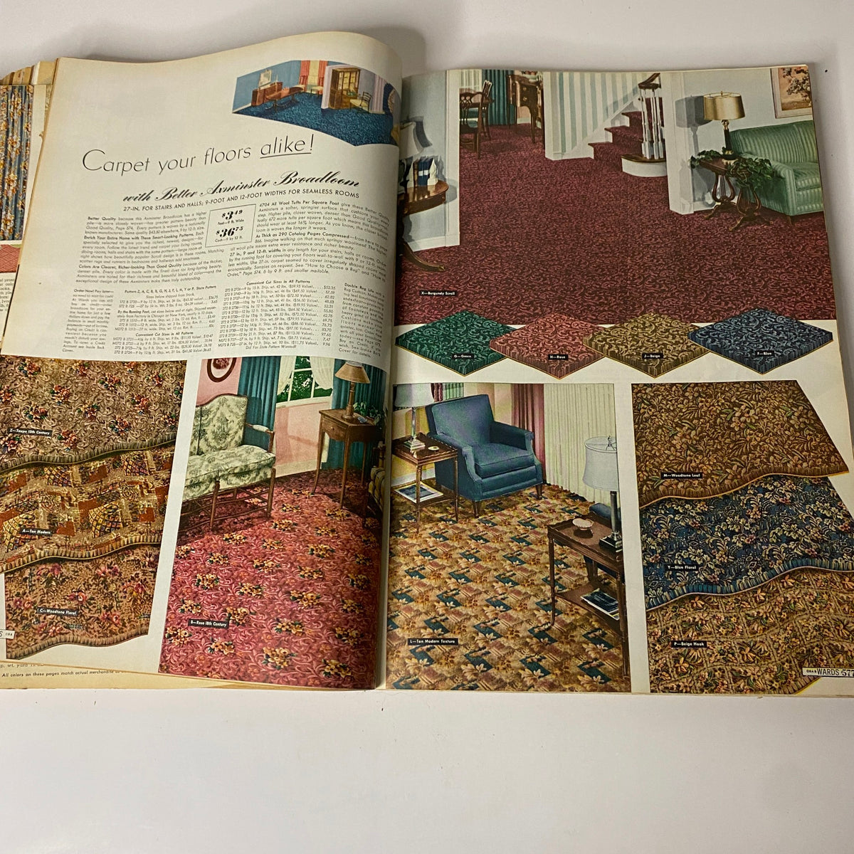 1942 Montgomery Ward Spring and Summer Catalog presenting various vintage carpet designs and styles for different rooms, highlighting fashionable flooring options from the era.