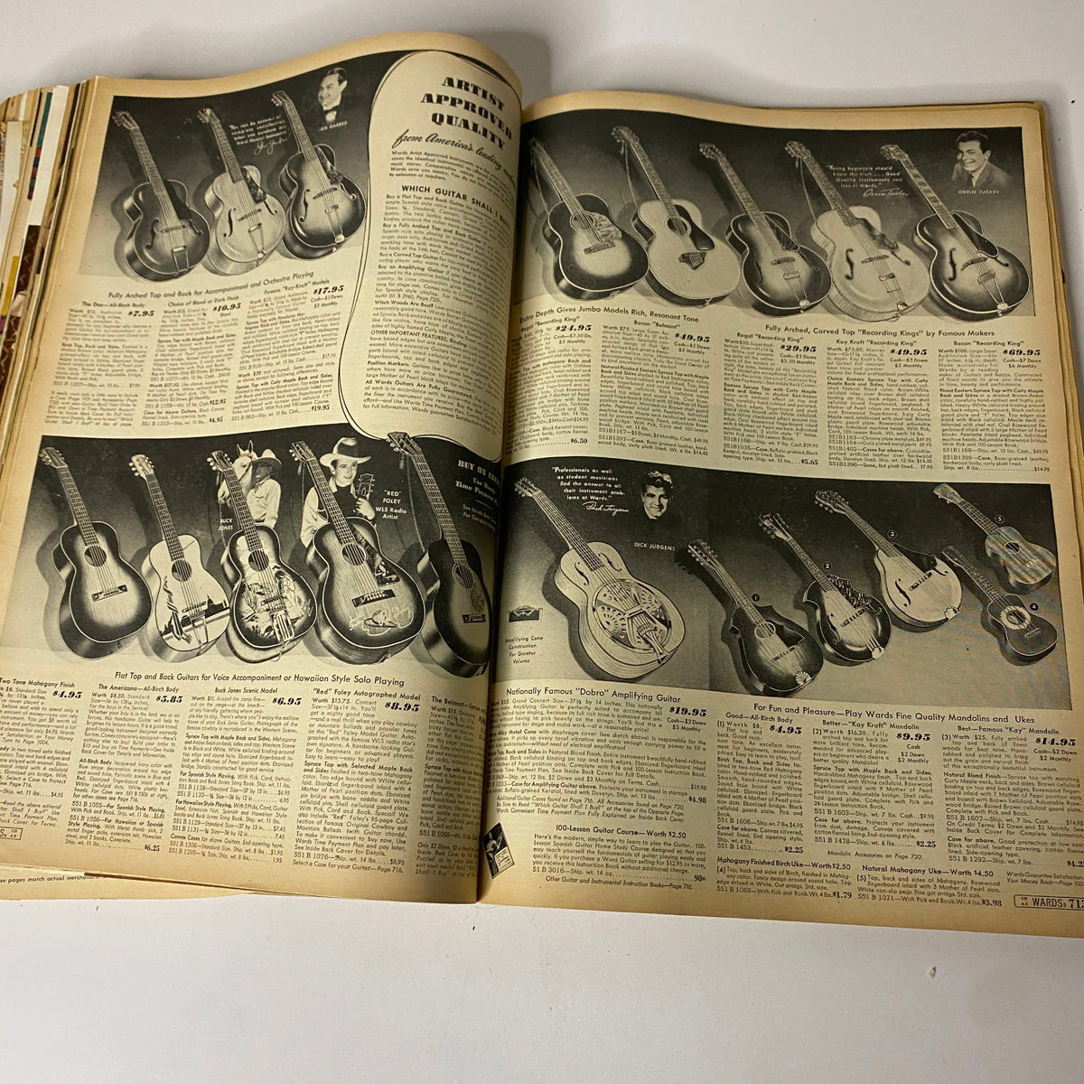 Interior image of the 1942 Montgomery Ward Spring and Summer Catalog featuring a selection of acoustic guitars for sale.