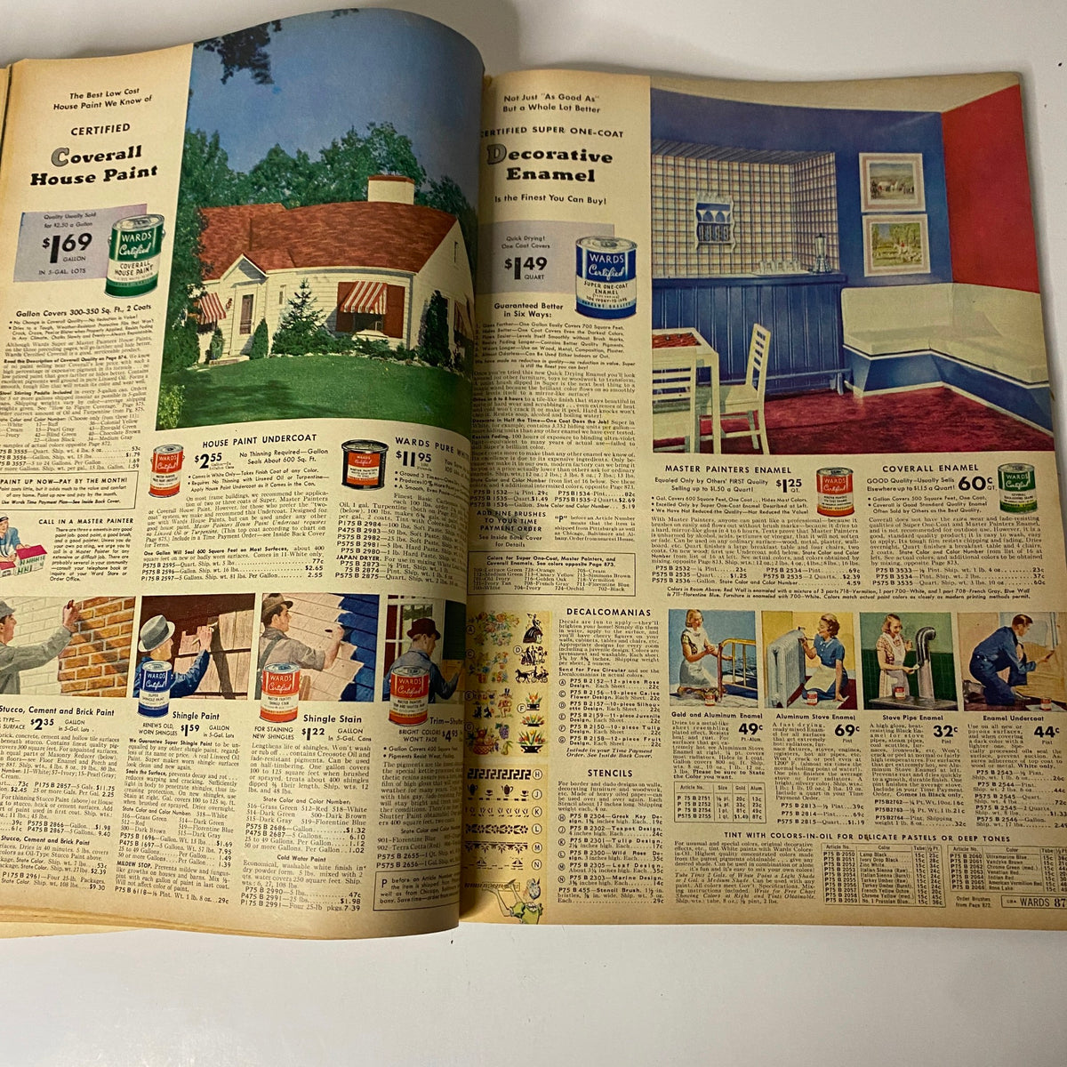 1942 Montgomery Ward Spring and Summer Catalog features a two-page spread showcasing home improvement products including paints and painting supplies, highlighting vintage prices and illustrations.