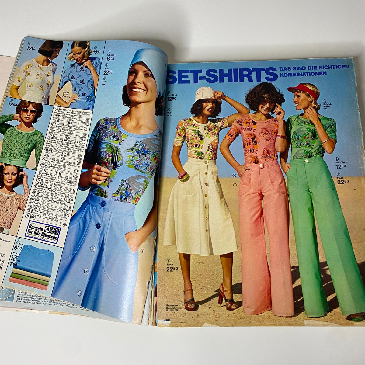 1975 Neckermann Spring and Summer Catalog featuring a colorful fashion spread with women wearing coordinated set-shirts and skirts, emphasizing vibrant spring styles.
