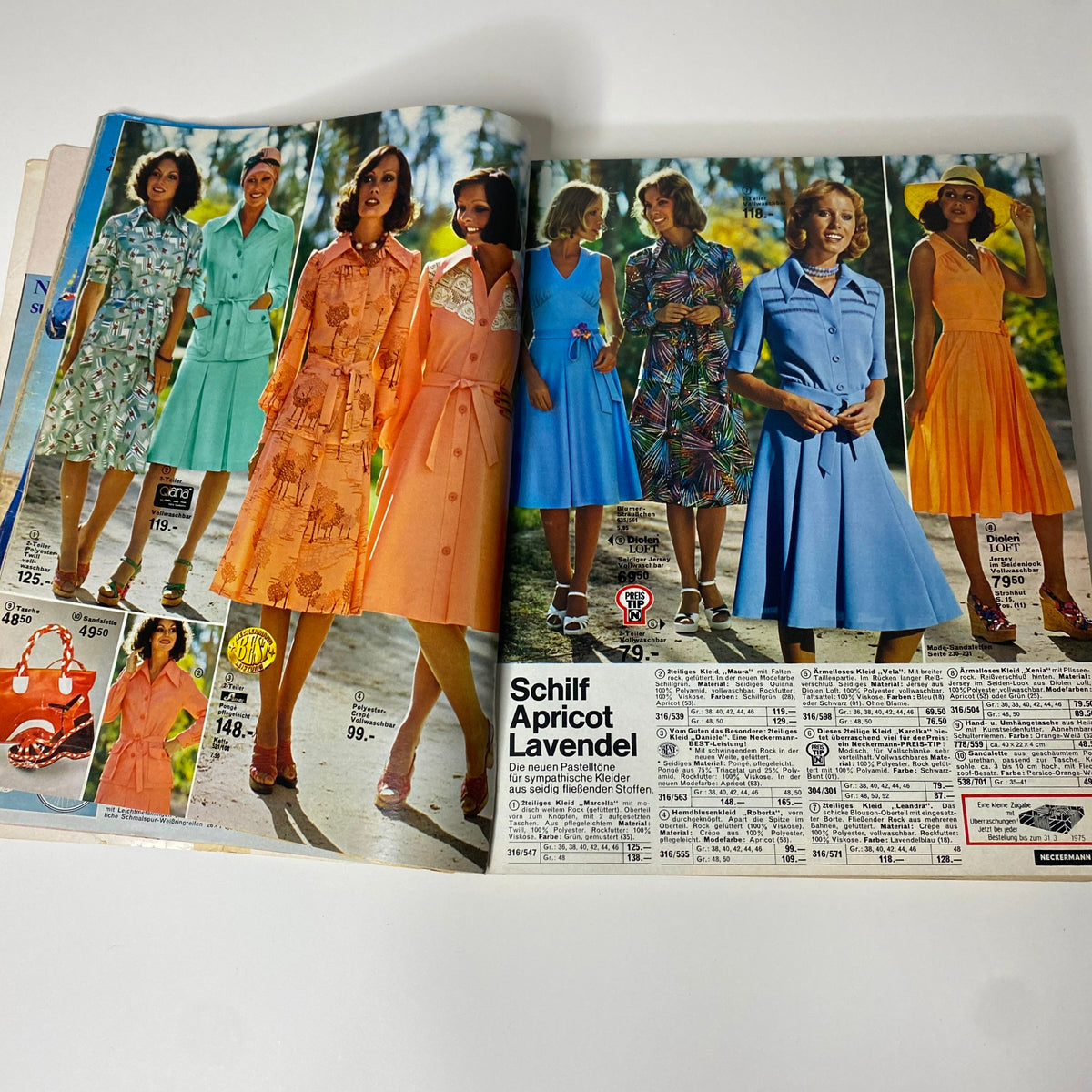 1975 Neckermann Spring and Summer Catalog displaying a variety of dresses on models, highlighting colorful summer dresses and their corresponding prices.
