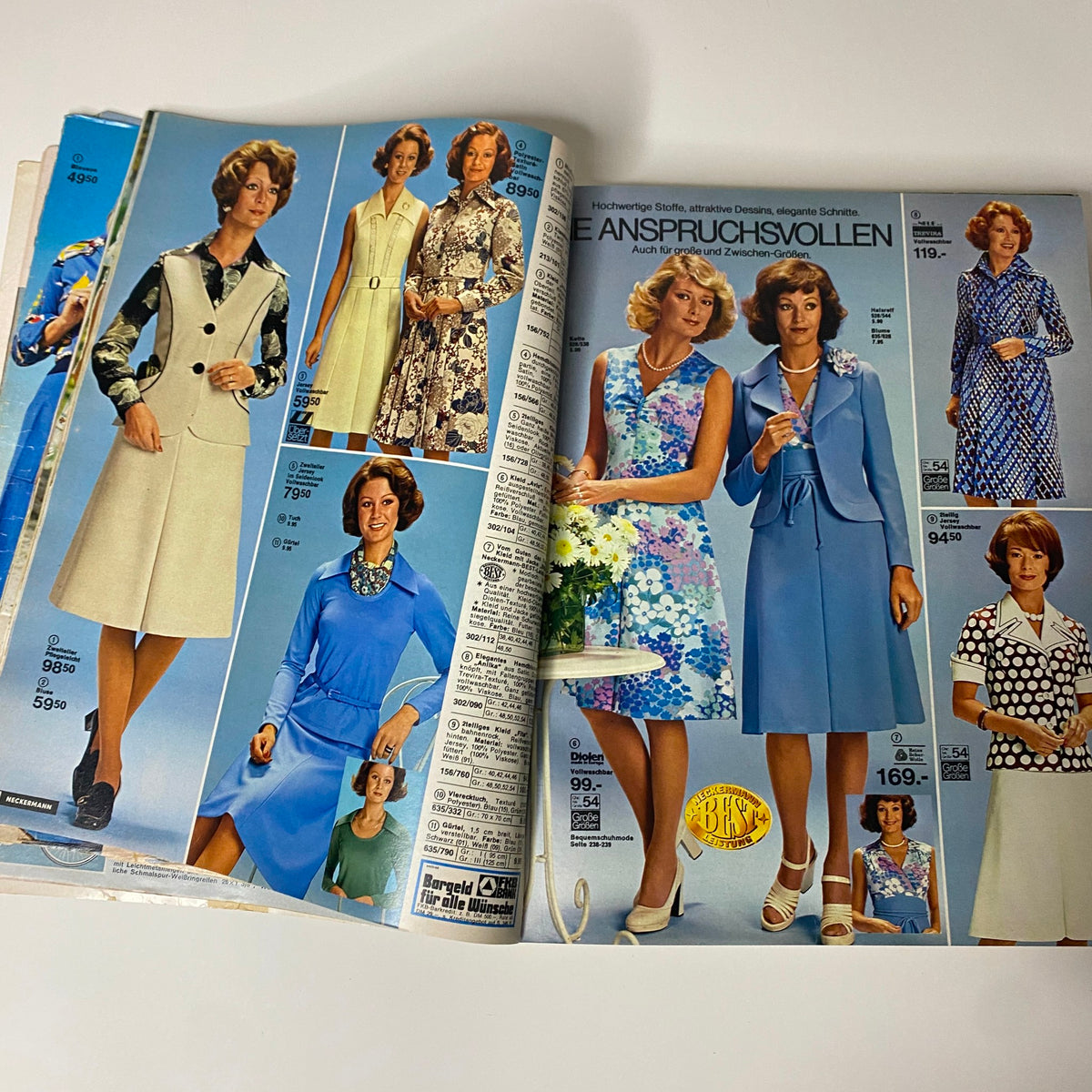 1975 Neckermann Spring and Summer Catalog featuring elegant clothing options for women, showcasing stylish dresses and formal wear from the mid-1970s.