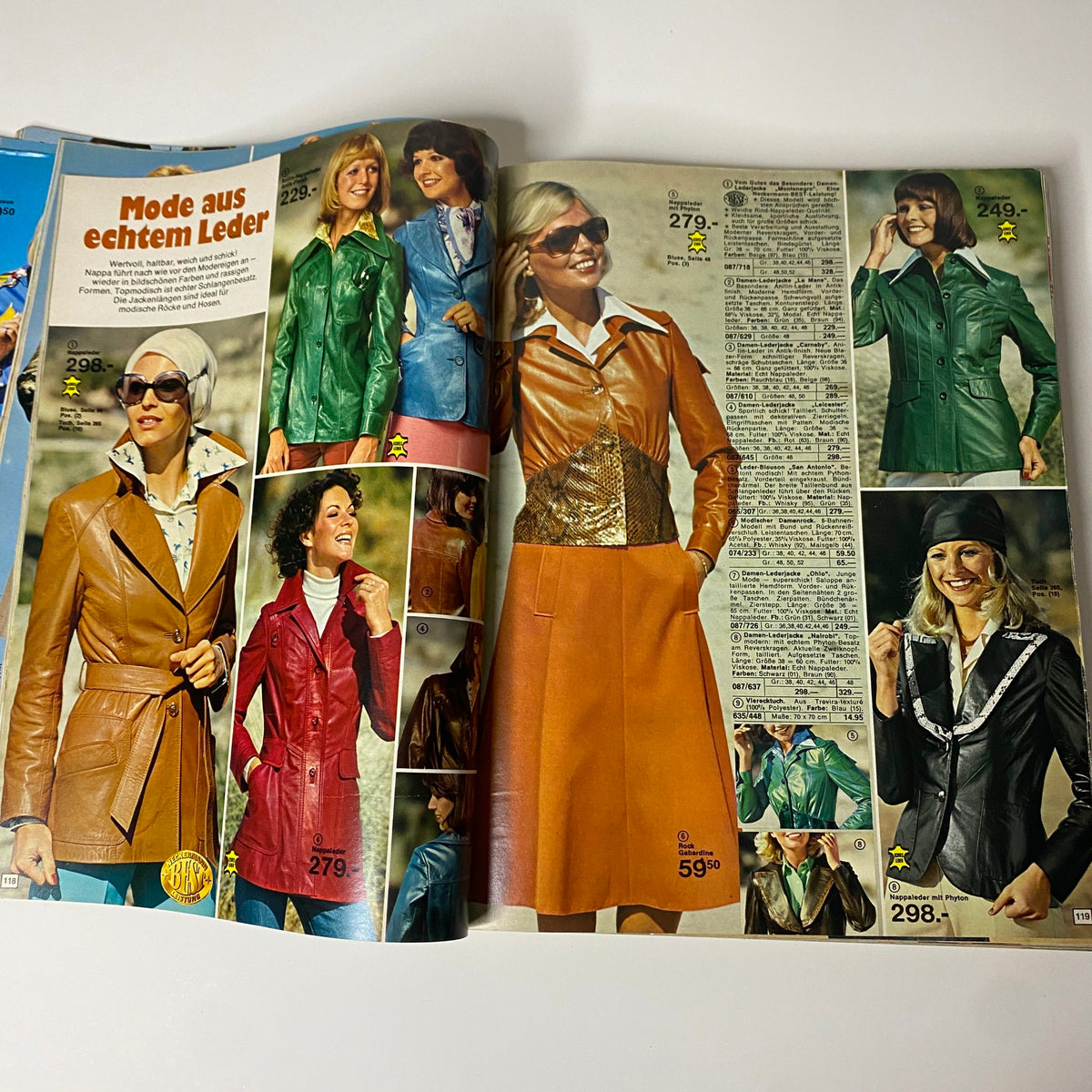 1975 Neckermann Spring and Summer Catalog presenting a collection of women's leather jackets and stylish attire, emphasizing vibrant colors and contemporary fashion.