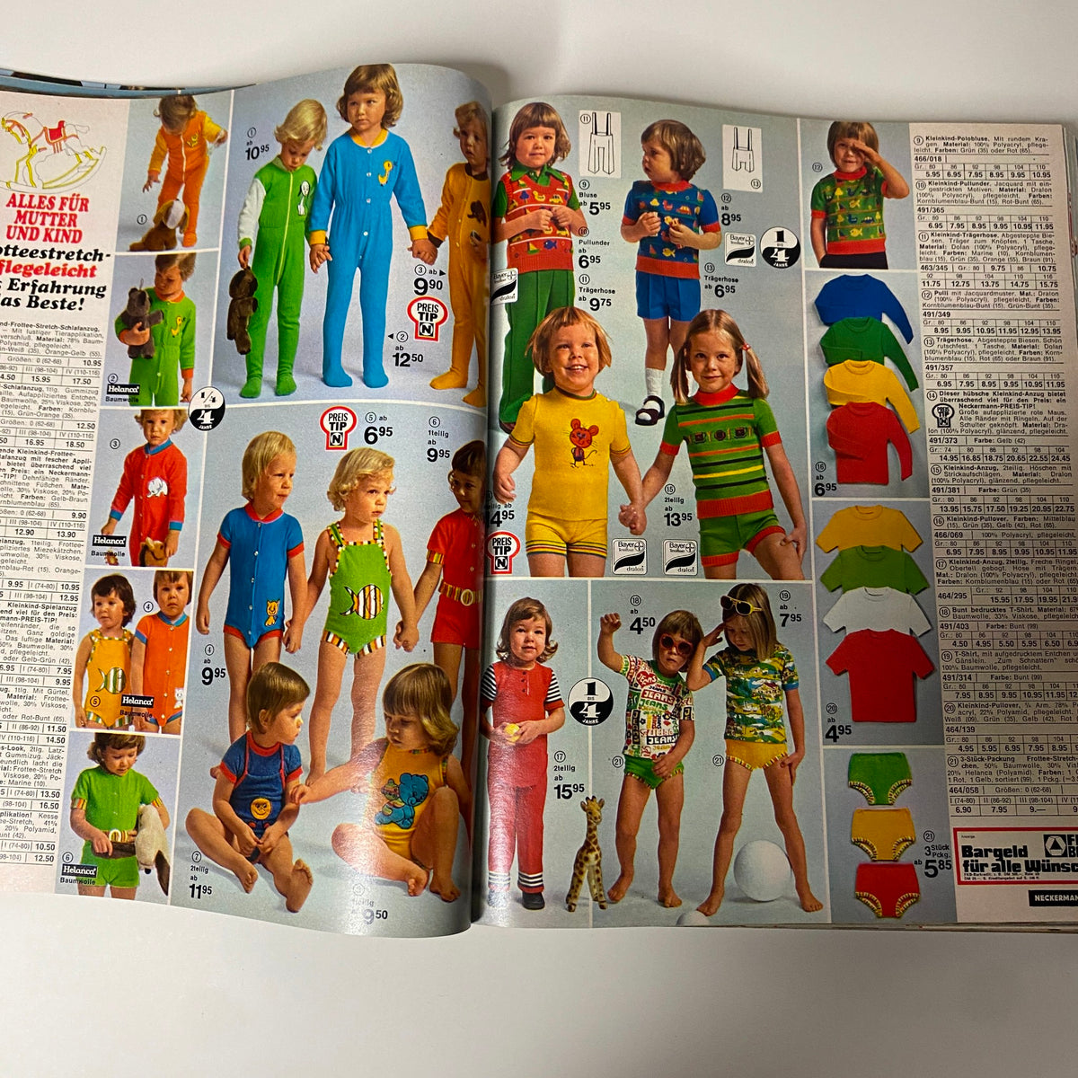 1975 Neckermann Spring and Summer Catalog showcasing colorful children's swimwear and outfits for summer play, featuring various playful designs and prices.