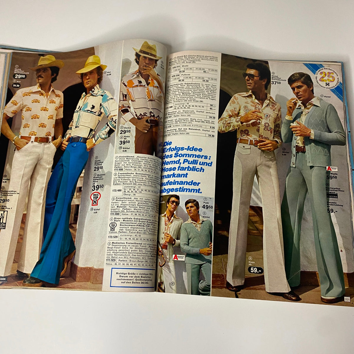 1975 Neckermann Spring and Summer Catalog displaying men's summer fashion, including colorful matching shirts and pants alongside stylish hats.