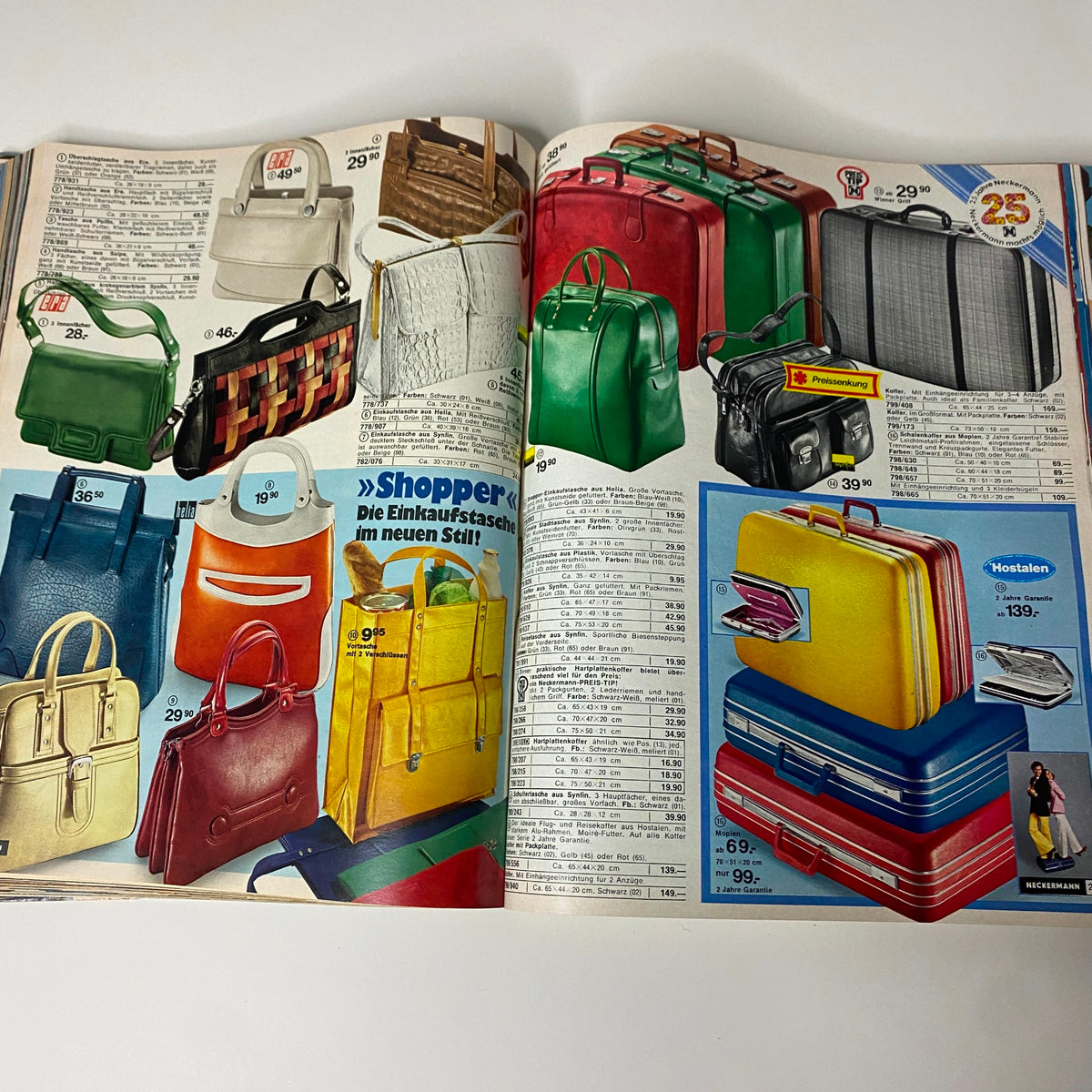 1975 Neckermann Spring and Summer Catalog showcasing an array of fashionable handbags and luggage options, highlighting stylish designs and functional accessories.