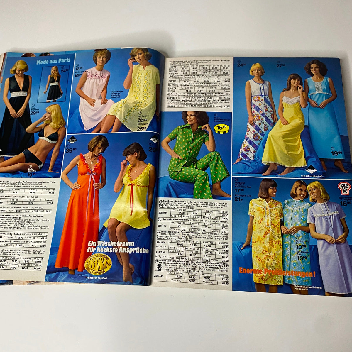 1975 Neckermann Spring and Summer Catalog featuring models in colorful dresses and loungewear, highlighting fashion trends for women of the mid-1970s.