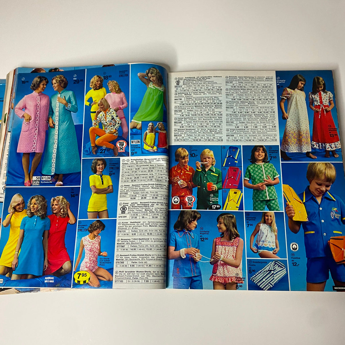 Inside view of the 1975 Neckermann Spring and Summer Catalog displaying children's fashion, showcasing vibrant clothes for girls and boys typical of the era.
