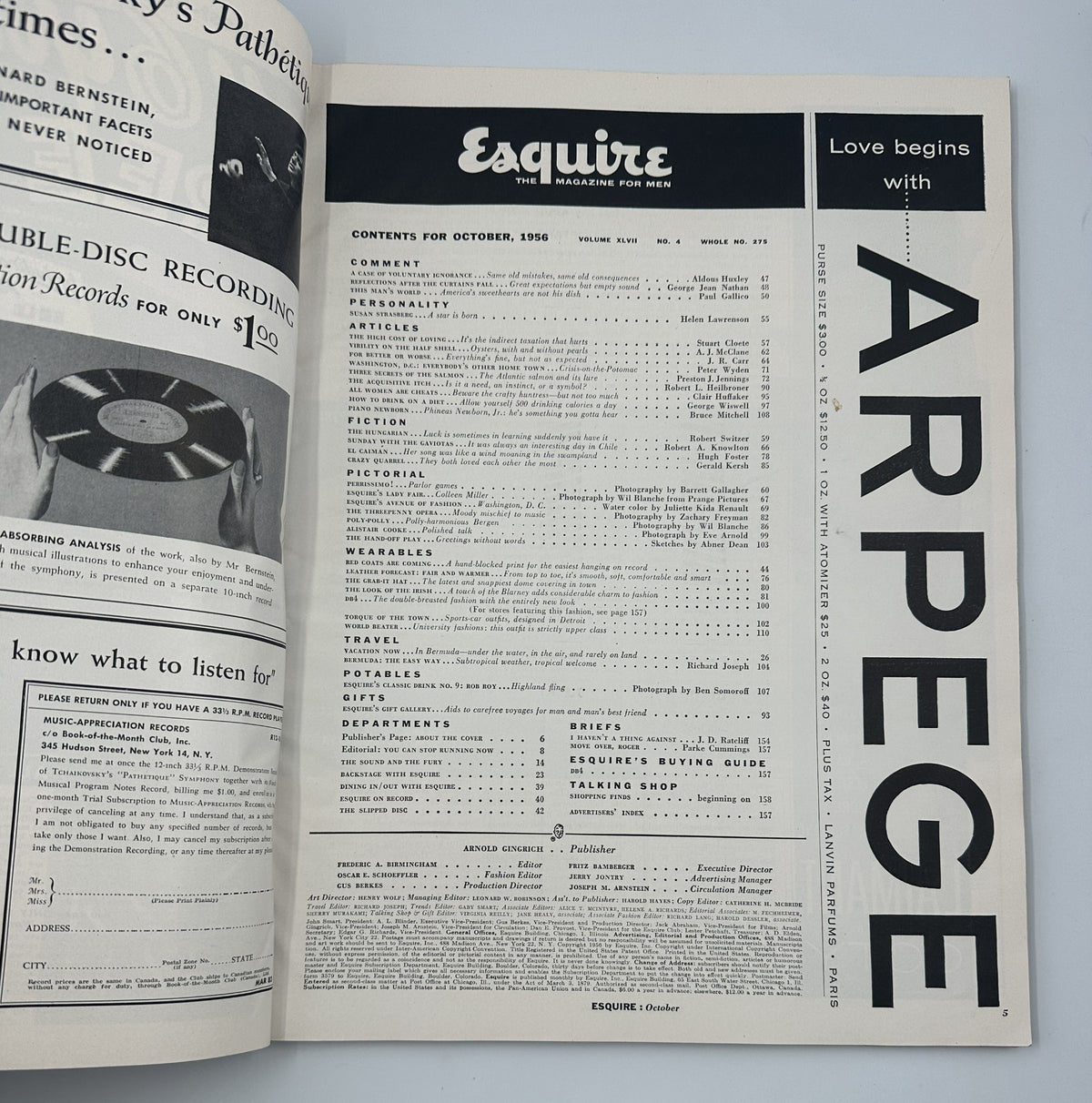 Contents page of Esquire Magazine October 1956 outlining articles and sections including personality features and photography.