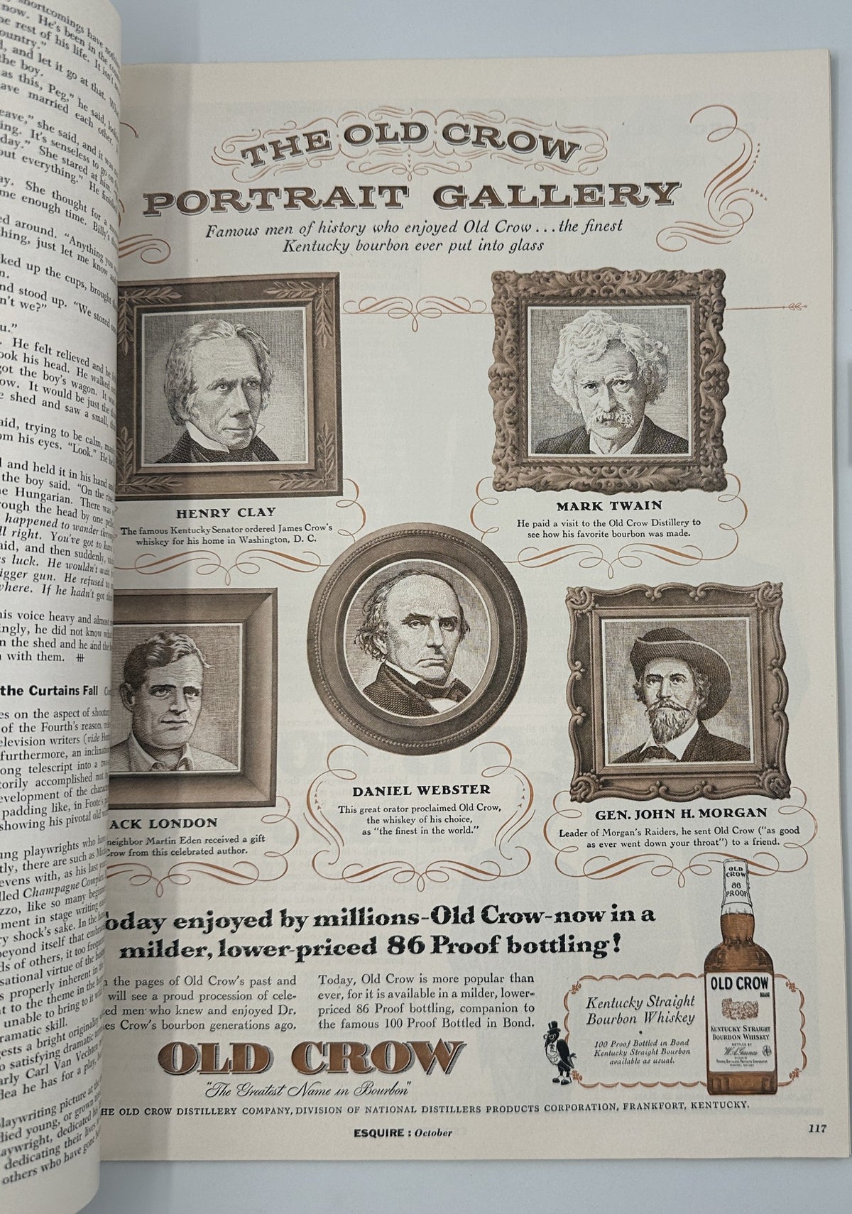 The Old Crow Portrait Gallery featuring famous historical figures including Henry Clay, Mark Twain, Daniel Webster, and Gen. John H. Morgan. Featured in Esquire Magazine, October 1956.