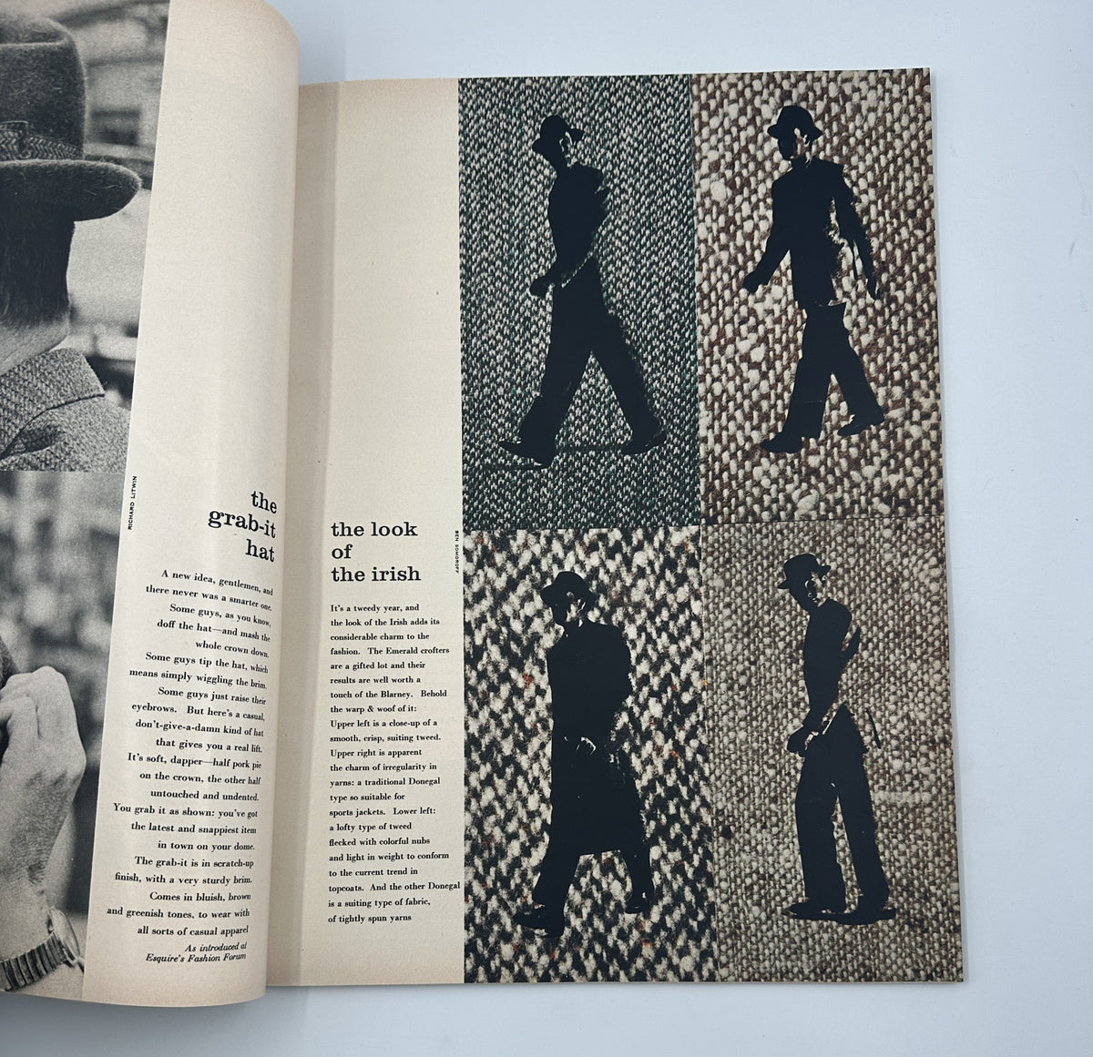 Fashion features titled 'The Grab-It Hat' and 'The Look of the Irish,' presenting stylish looks for men in Esquire Magazine, October 1956.